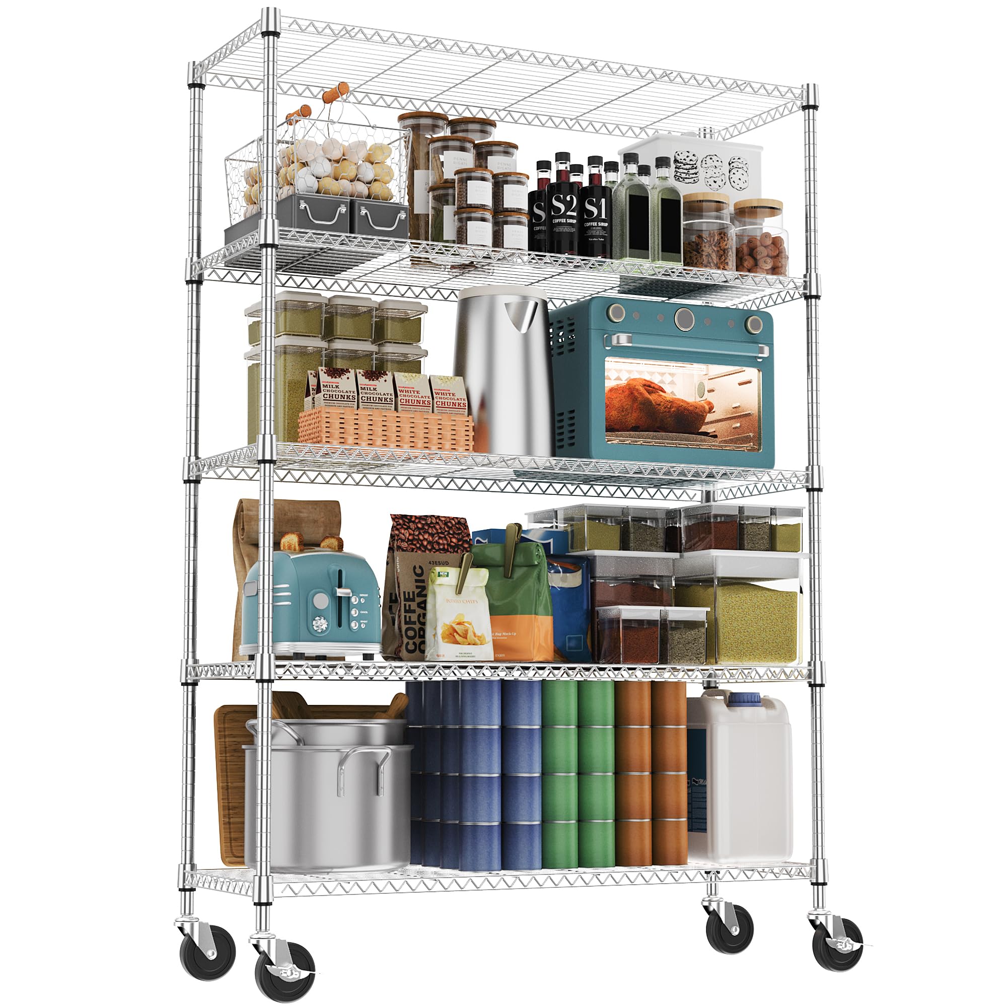 M MZG Storage Shelves 5 Tier Heavy Duty Metal Storage Unit With Height Adjustable Shelves and Wheel 794.5 kg Load Weight Organizer for Garage, Laundry, Kitchen 45 x 120 x 192 cm Chrome