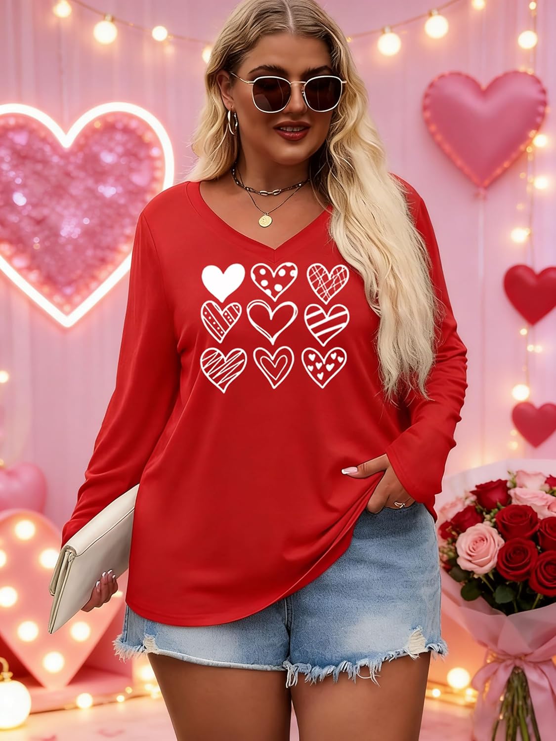 Plus Size Women Valentine Shirts Love Heart Graphic Long Sleeve Tshirt Casual Valentines Day Gift V Neck Tops - Image 5