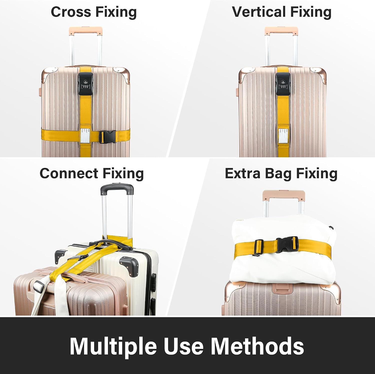 Luggage Straps, Yellow TSA Approved Luggage Strap Belt with Combination Lock for Suitcases, 2 Pack Adjustable Heavy Duty Cross Suitcase Straps with Name Tags for Travel, Carry On Bags, Protect Luggage