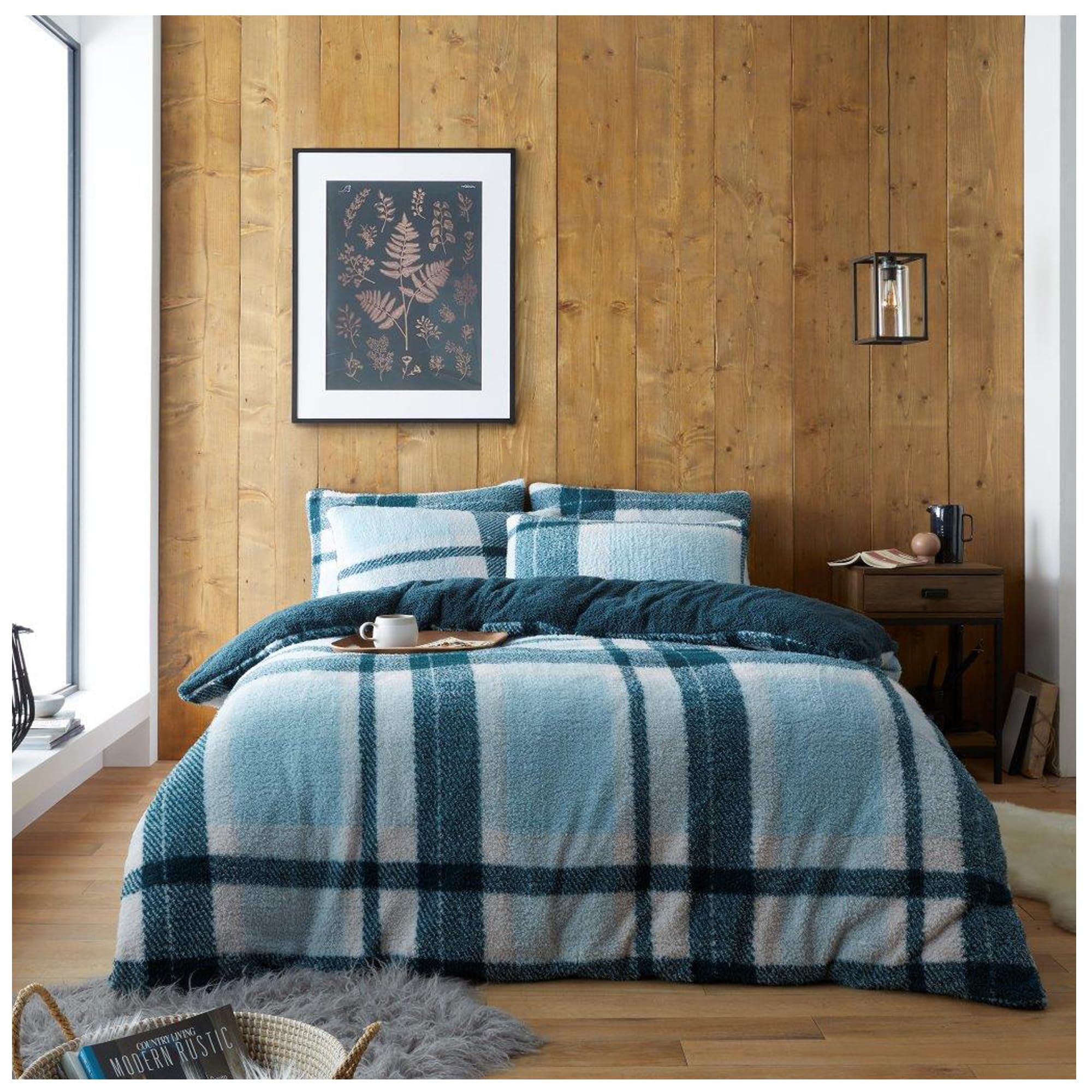Lions Teddy Bear Bedding - Thermal Reversible Fleece Check Duvet Cover Set with Pillowcase, Warm Cosy Quilt Covers, Green, Single Bed Size, 137x200cm