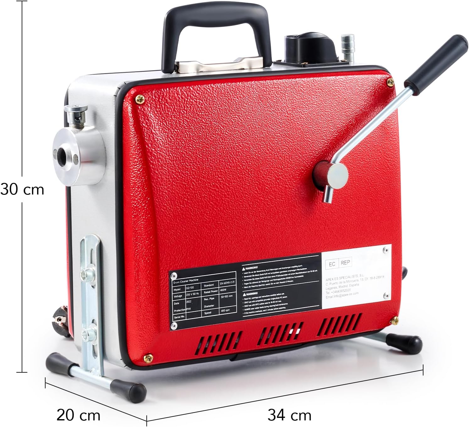 CO-Z Electric Drain Cleaner with dimensions: 34cm length, 20cm width, 30cm height