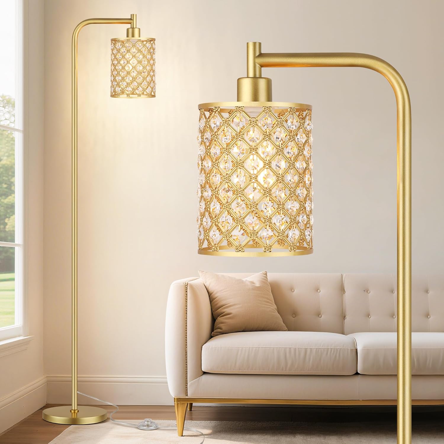 QiMH Industrial Floor Lamp for Living Room, Modern Standing Lamp with Crystal Lampshade Pedal Switch, 67 Tall Lamp for Bedroom Study Room, Gold(2700K LED Bulb Included)