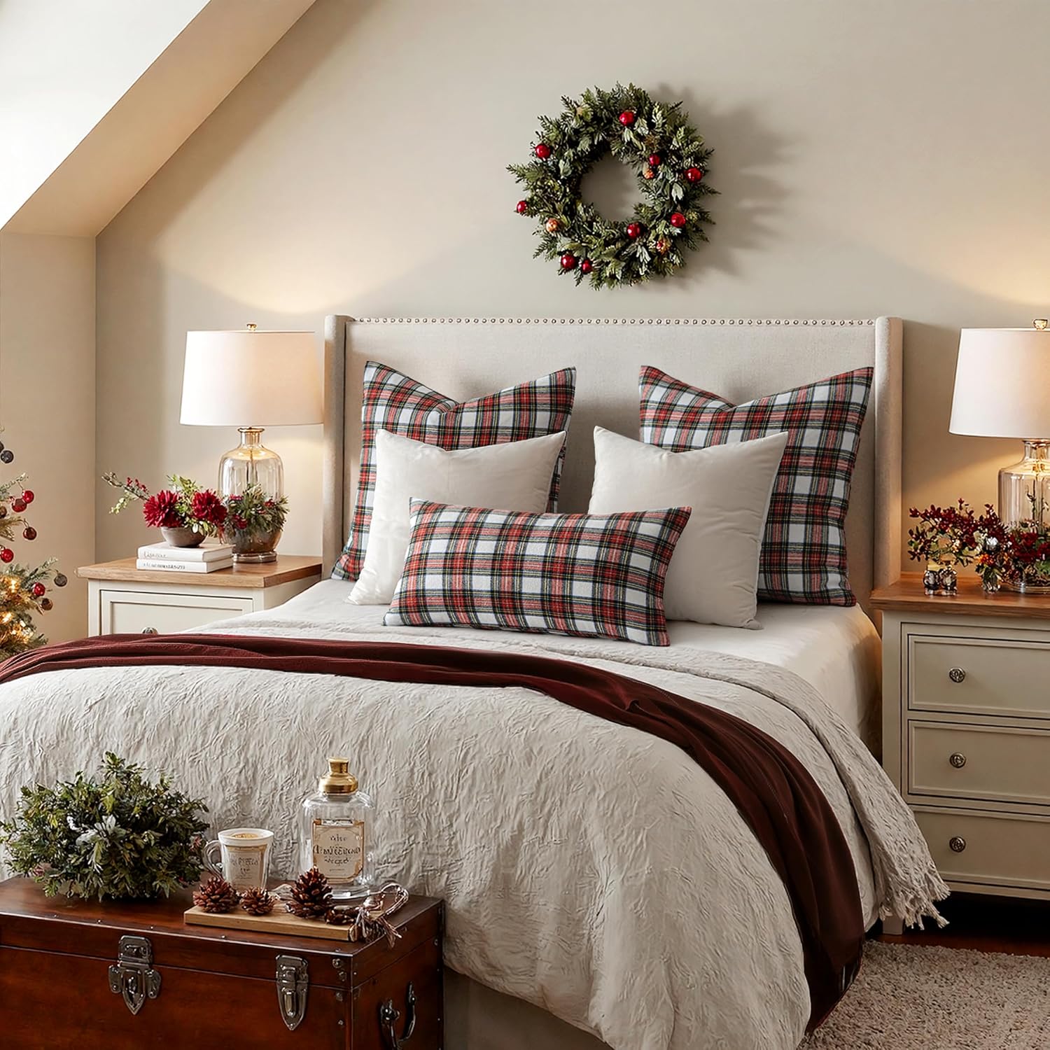 MIULEE Christmas Set of 2 Scottish Tartan Plaid Throw Pillow Covers Farmhouse Classic Decorative Outdoor Square Cushion Cases for Home Decor Sofa Couch 20x20 Inch, Red and White