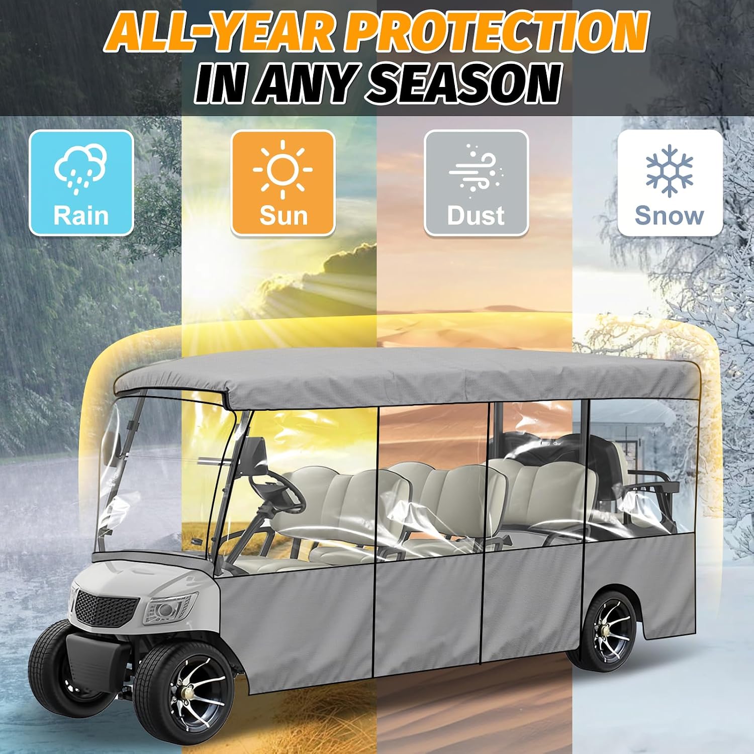 Universal 8/6+2 Passenger Golf Cart Driving Enclosure, 420D Waterproof Transparent Golf Cart Cover with Heavy Duty Zipper, 143" L x 63" W x 44" H