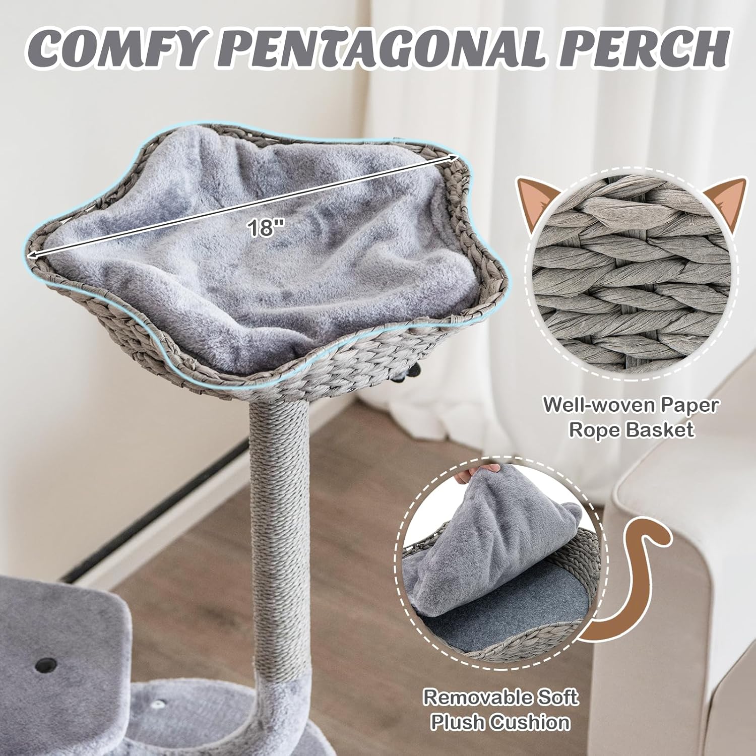 PETSITE 42" Cat Tree for Indoor Cats, 3-Tier Cat Tower with Scratching Post, Top Padded Perch, Jumping Platform, Private Condo, 2 Dangling Balls, Small Flower Cat Tree for Small/Large Cats