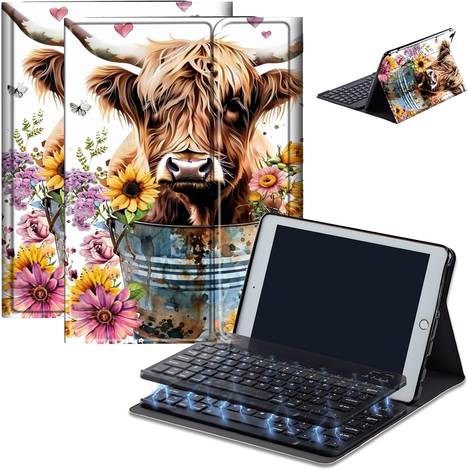 Keyboard Case for Amazon Fire Max 11 (13th Generation, 2023 Release), Detachable Wireless Bluetooth Keyboard and Auto Sleep/Wake Fire Max 11 Tablet Case with Keyboard, Highland Cow Bucket