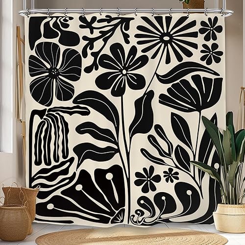 Cortina de ducha abstracta de flores Matisse negras de 72 pulgadas de ancho x 72 pulgadas de largo, diseño de hojas retro vintage, arte minimalista