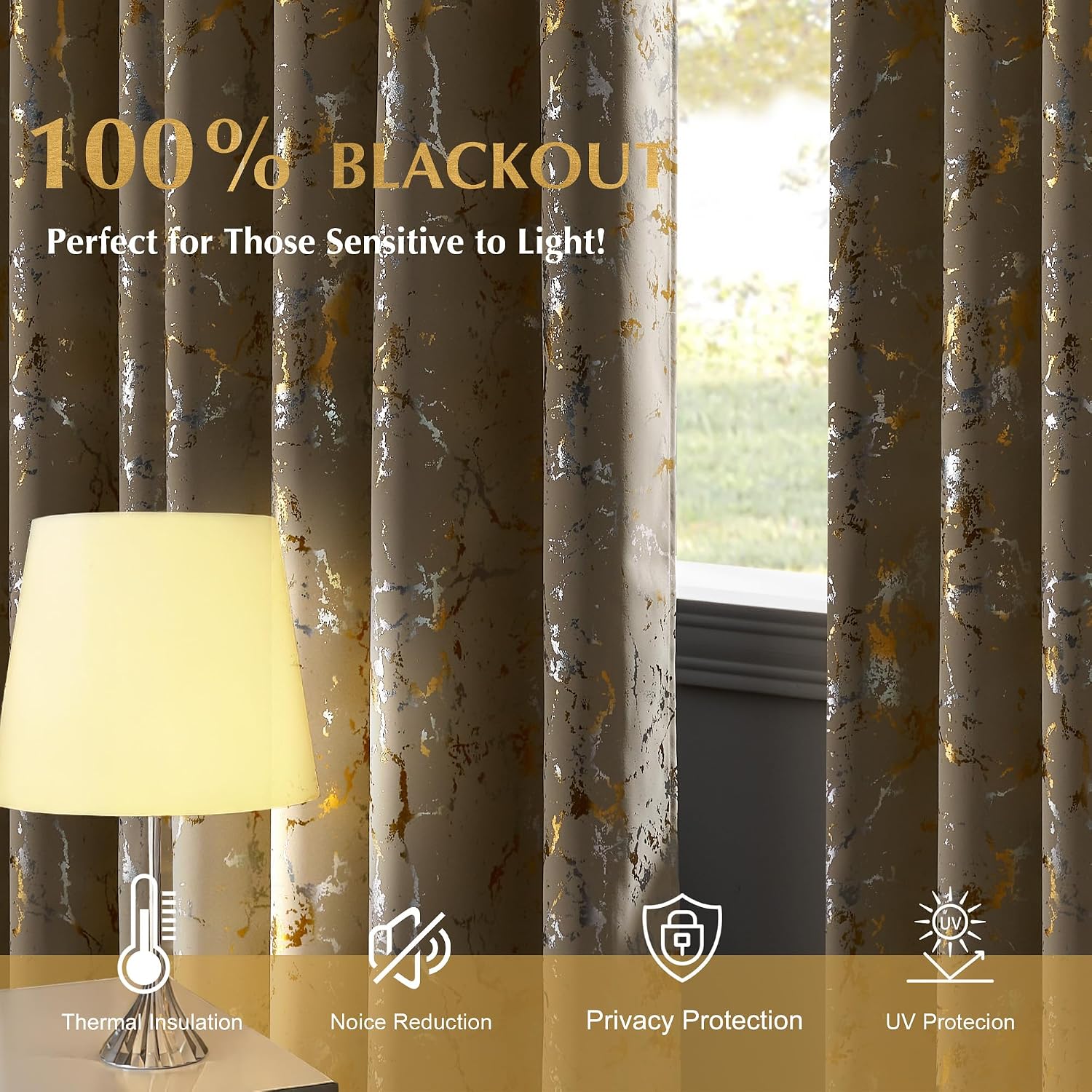 NICETOWN 100% Blackout Silver and Gold Patterned Curtains for Living Room Bedroom Beige Marble Print with Sheer Curtains Grommet Casual Voile Sheer with Light Filter Window Treatments