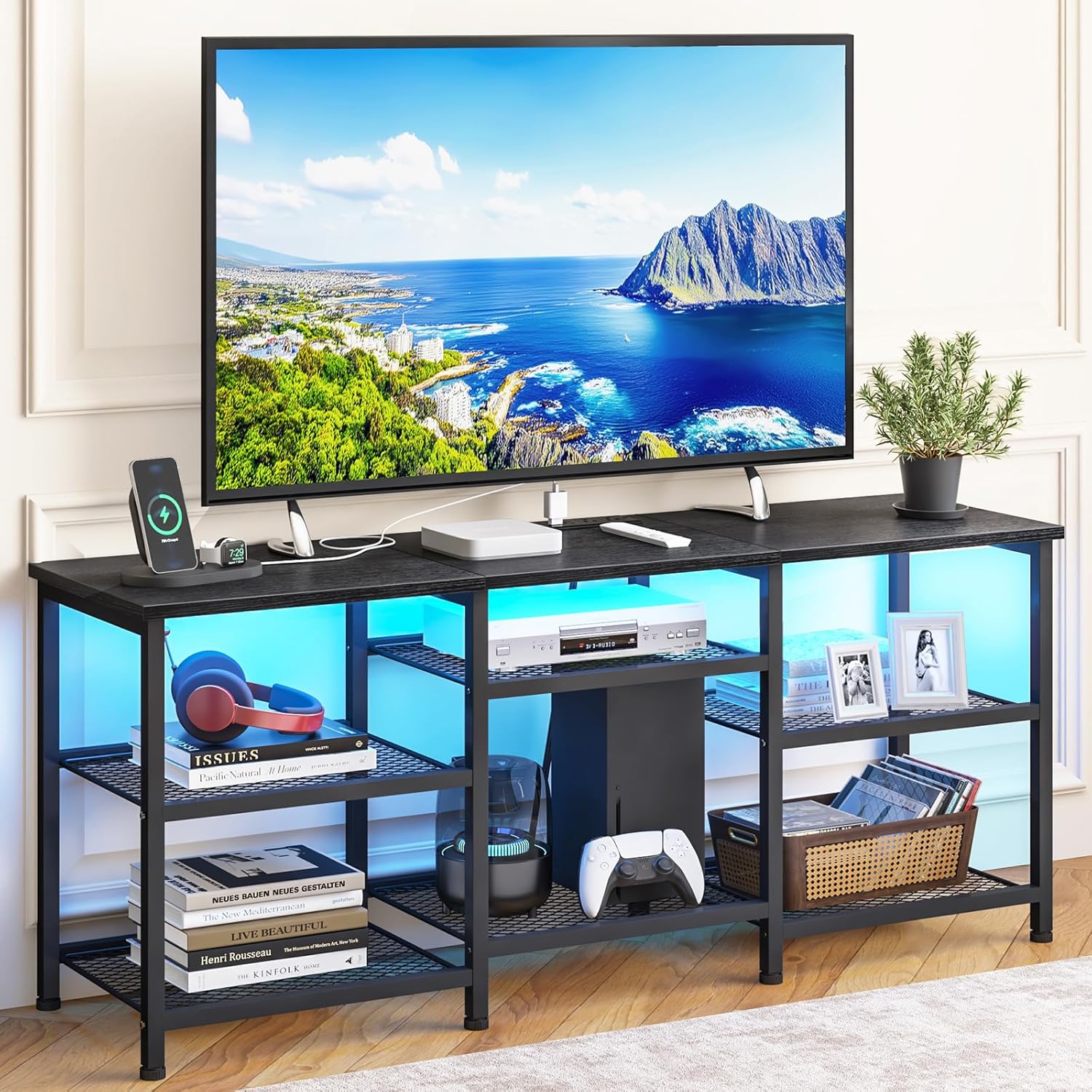 YGEOMER TV Stand for 55 Inch TVs with Movable Shelves, Power Outlet and LED Lights, Black