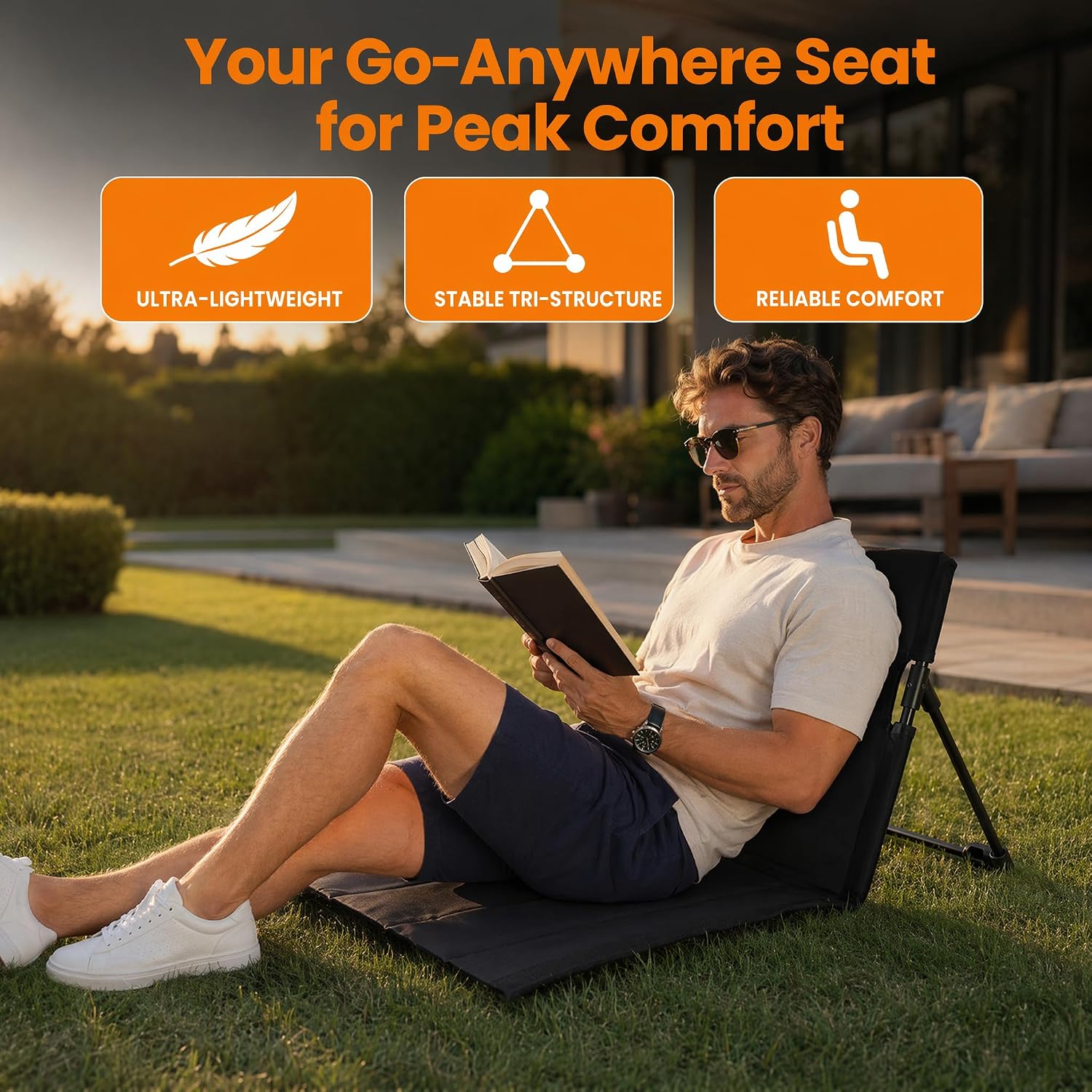 Floor Chair with Back Support Foldable 1-Pack（Black） | Durable 600D Oxford & aluminum frame. Portable ground seat with storage bag. Perfect for camping, poolside, beach, or home.