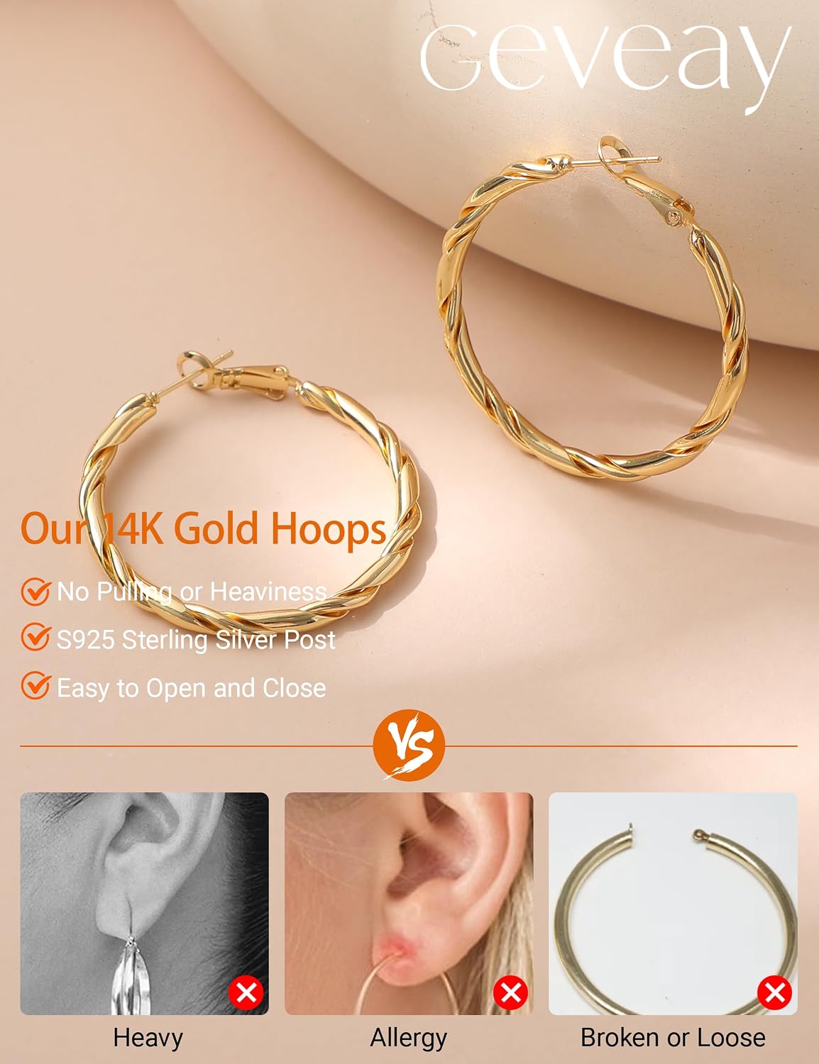 3MM Wide Gold Hoop Earrings Hypoallergenic 925 Steling Silver Post Hoops Earrings for Women Lightweight Large Big Twisted Hollow Tube Hoop Earrings Nickel Free 30MM/40MM/50MM/60MM