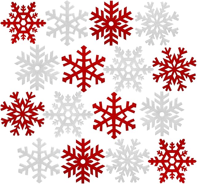 AnyDesign 16 Pack Christmas Felt Coasters Red White Snowflake Tableware Mat Christmas 4 Design Snowflake Coasters Heat Insulation Drink Tea Coffee Cup Mat for Winter Xmas Holiday Decoration Supplies