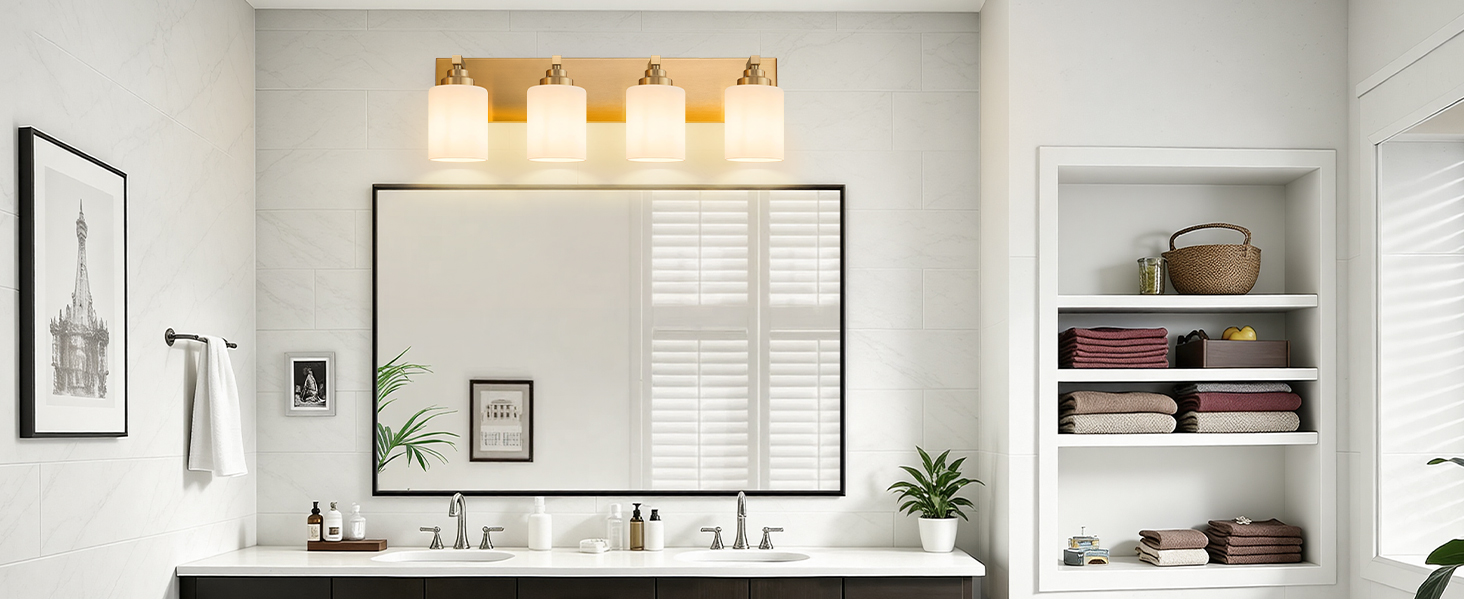 Image of Vanity Lights for Bathroom, 4-Light Brushed Gold Bathroom Vanity Light Over Mirror with Milky White Glass Shades, Modern Bathroom Light Fixtures for Living Room Hallway Cabinet (Bulbs Not Included)