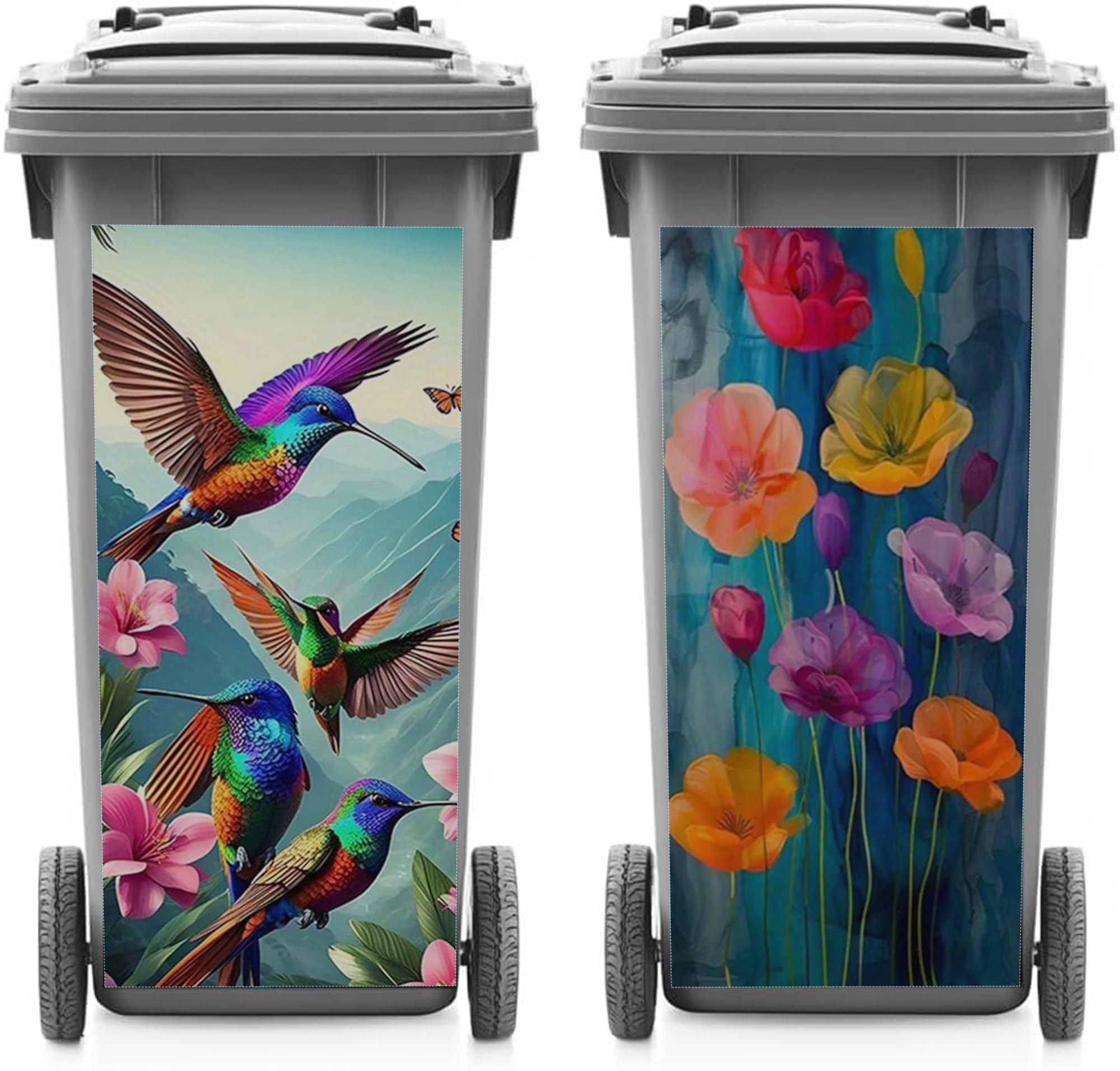 Dwuent One Color Wheelie Bin Stickers, Flower Bin Stickers - 2 Pack Self-Adhesive Waterproof Pvc Decorative Decals With Floral And Hummingbird Designs For Outdoor Dustbins, Fridge, Wall Decor, 31X70cm