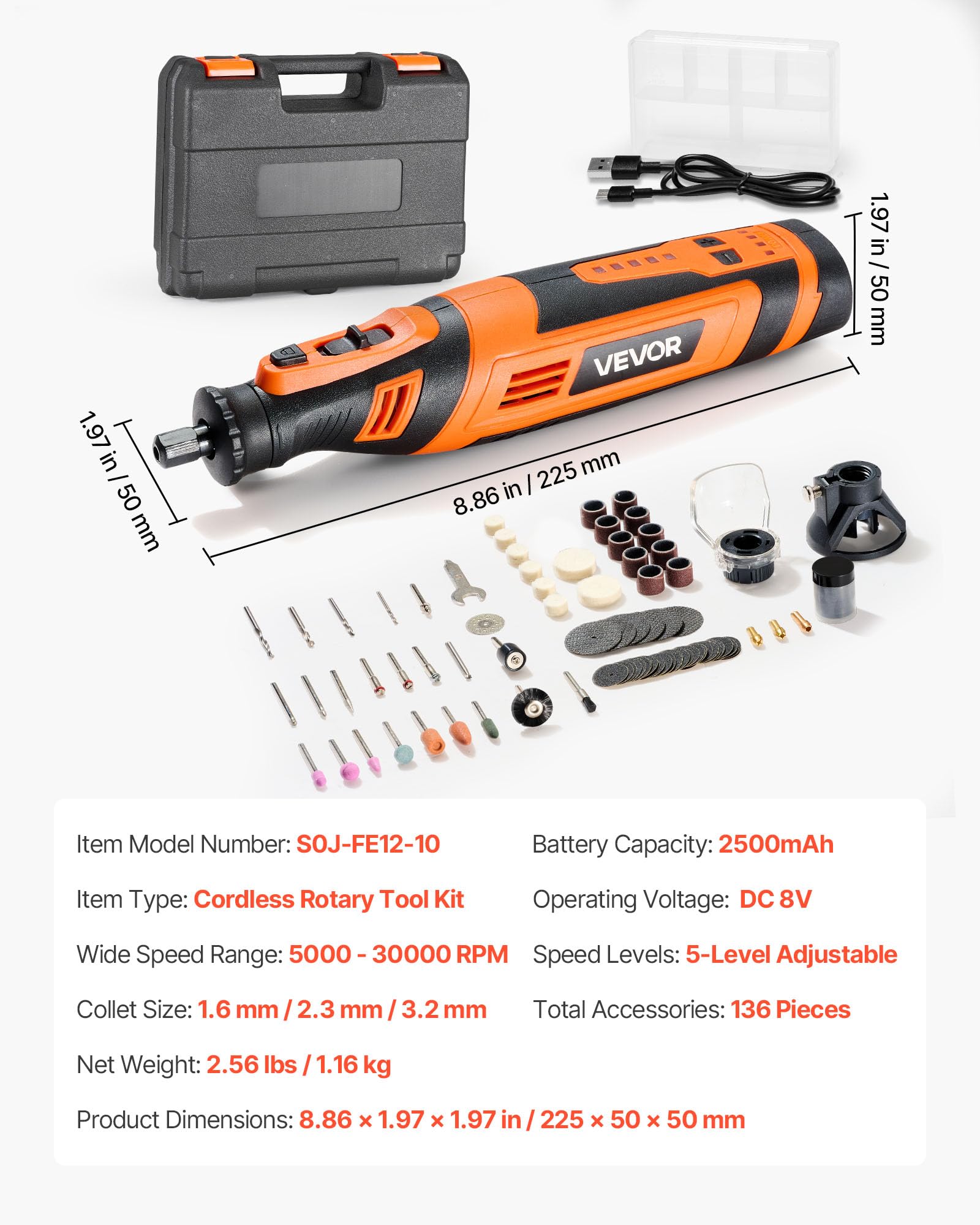 VEVOR Kit de Herramientas Rotativas Inalámbricas, 136 Piezas, Portátil, 8 V CC, 5 Velocidades de 5000-30 000 RPM, para Grabar, Lijar, Pulir, Tallar, Amolar, Cortar y Bricolaje, 225 x 50 x 50 mm