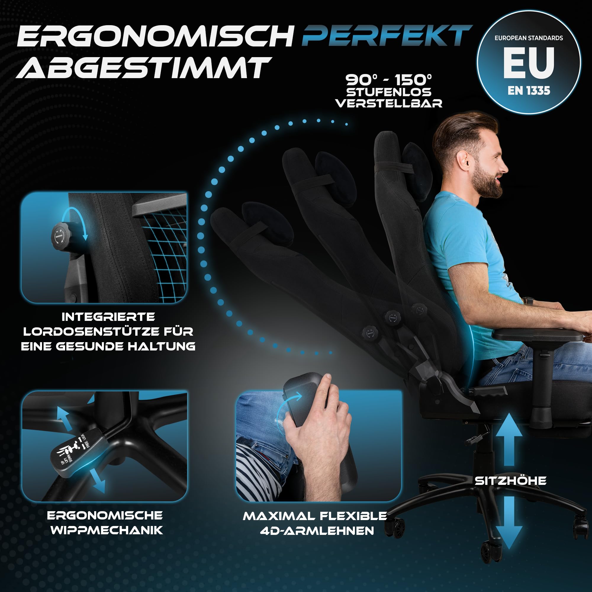 Ultimatrix FURY Gaming Stuhl Ergonomisch [TESTSIEGER] Integrierte Lordosenstütze, 4D-Armlehnen, Atmungsaktiver Stoff, Fußstütze, Gamingstuhl Kaltschaum, Gaming Chair 150kg, Schreibtischstuhl (Schwarz)