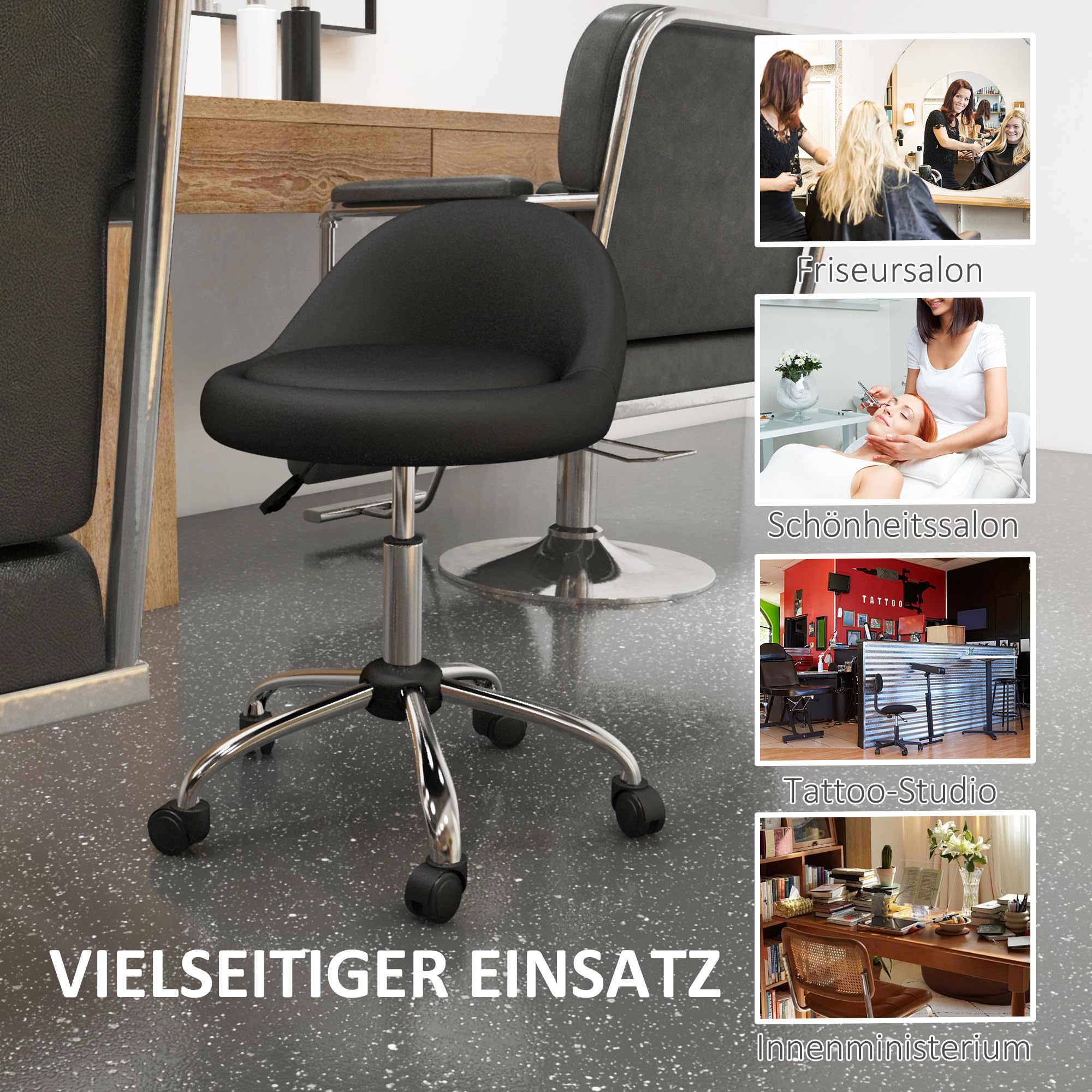 HOMCOM Rollhocker Höhenverstellbar 63-83 cm Drehbar mit Rädern Schwarz