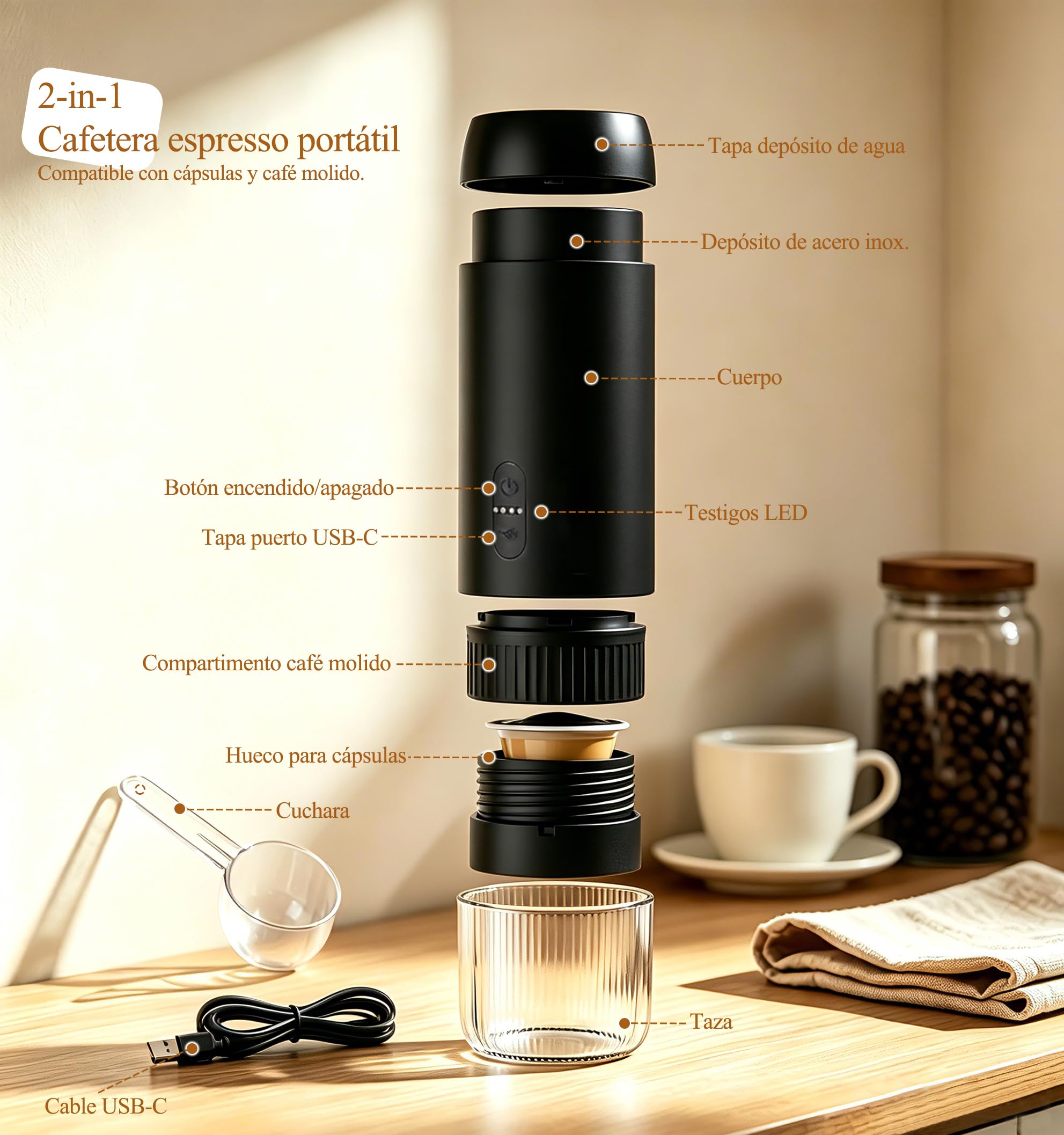 Cafetera espresso eléctrica portátil, para café molido y cápsulas | Cafetera de viaje 2 en 1, presión 20 bares, recarga USB-C, diseño compacto, para camping, coche y picnic
