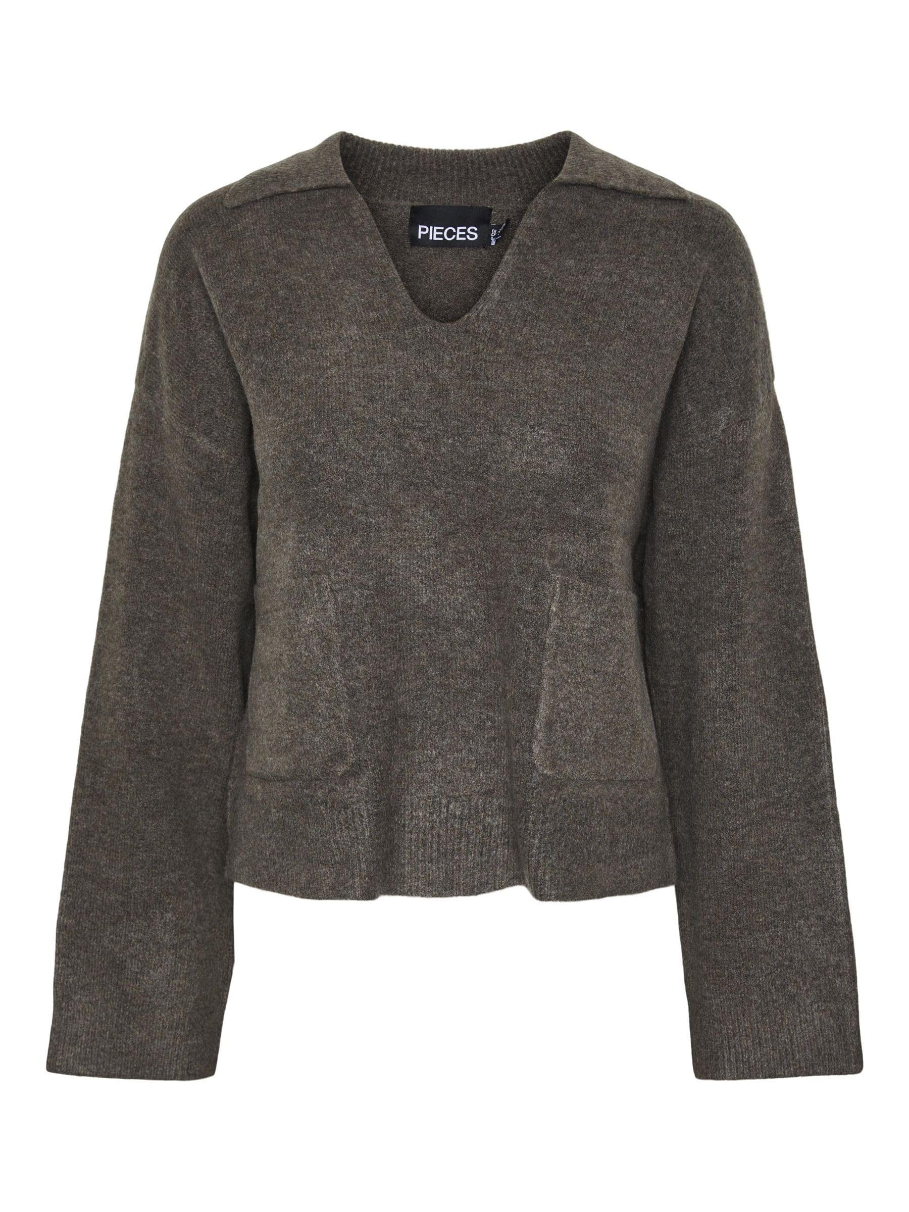 PIECES Pcnuna LS V-Neck Polo Knit BC, Morel/Detail: mélange, L