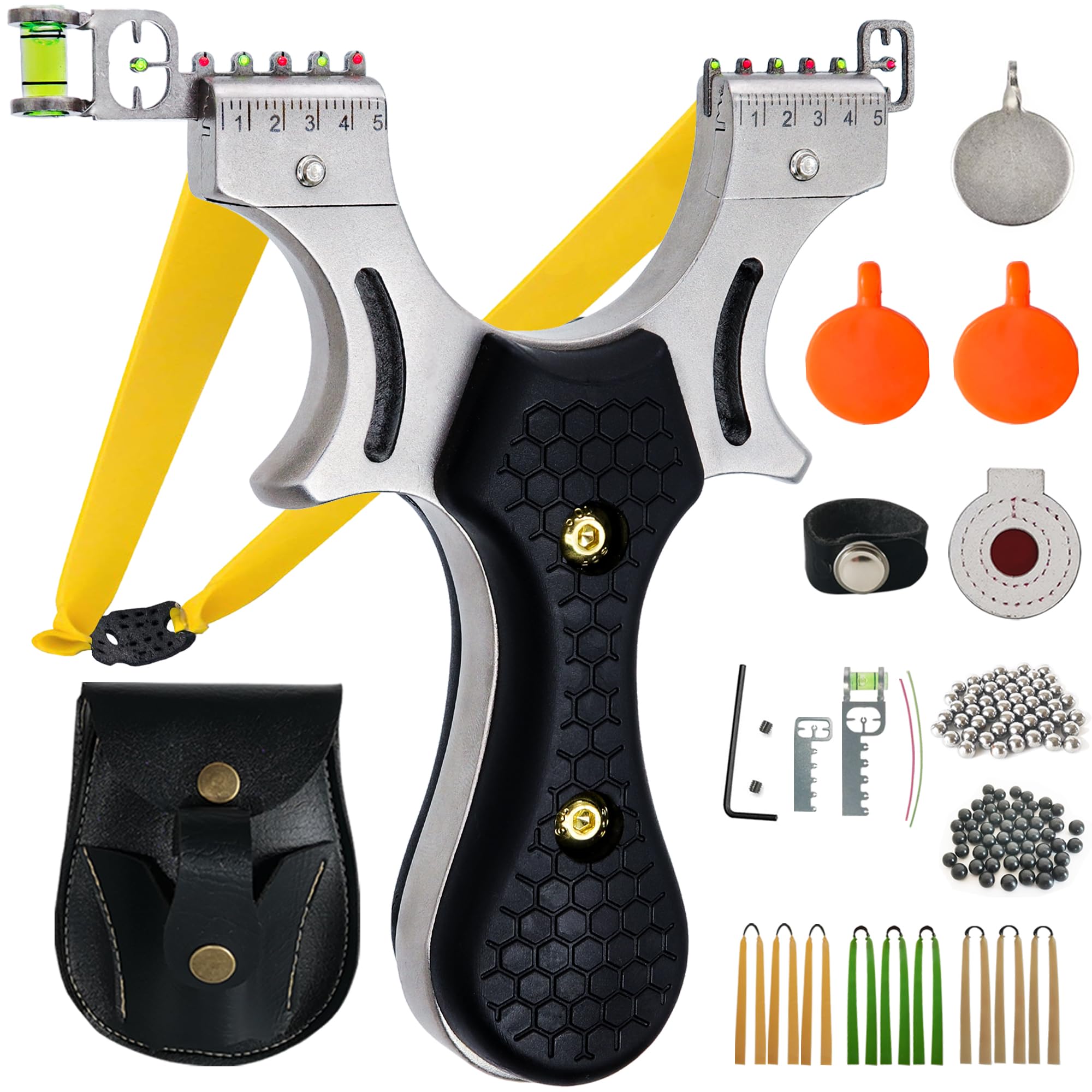 Slingshot, Stainless Steel Slingshots for Adults and Kids, Sling Shot for Hunting and Shooting Practice Slingshot for Outdoor Catapult Game with 1 Ammo Pouch, 100 Ammo Balls, 9 flatbands & 4 Target,