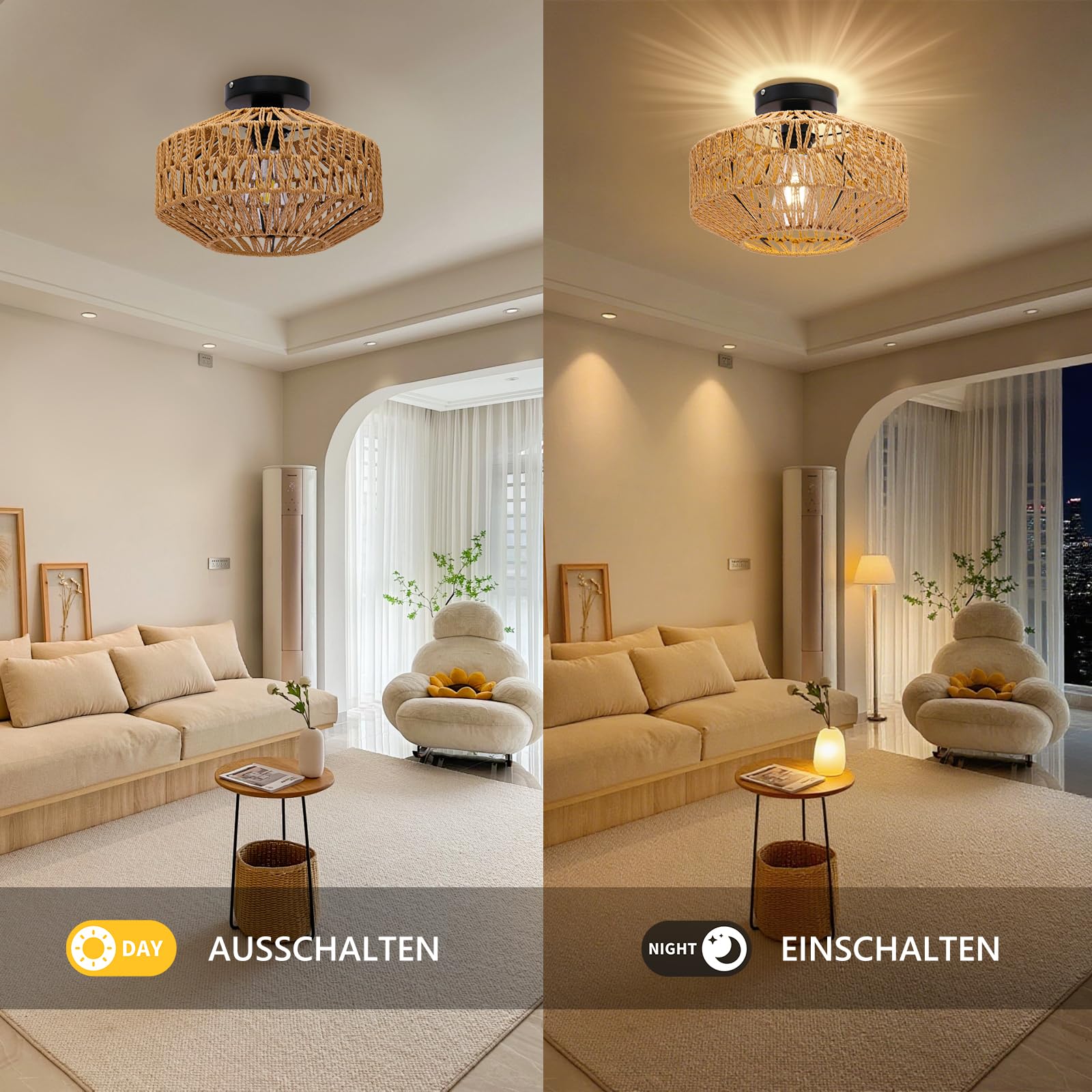 AmazeFun Boho Deckenleuchte Style mit Rattan Lampenschirm - Ø30cm Rattan Deckenlampe Wohnzimmer, E27 Vintage Deckenlampe, Rustikal Deckenleuchte Schlafzimmer, Boho Korb Lampe Für Esszimmer Küche Flur