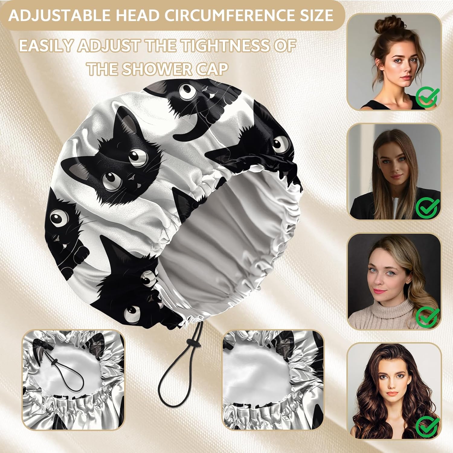 Shower Cap Adjustable Waterproof Double Layer Elastic Reusable Hair Bath Cap Cute Aesthetic for Women Girls-Cat