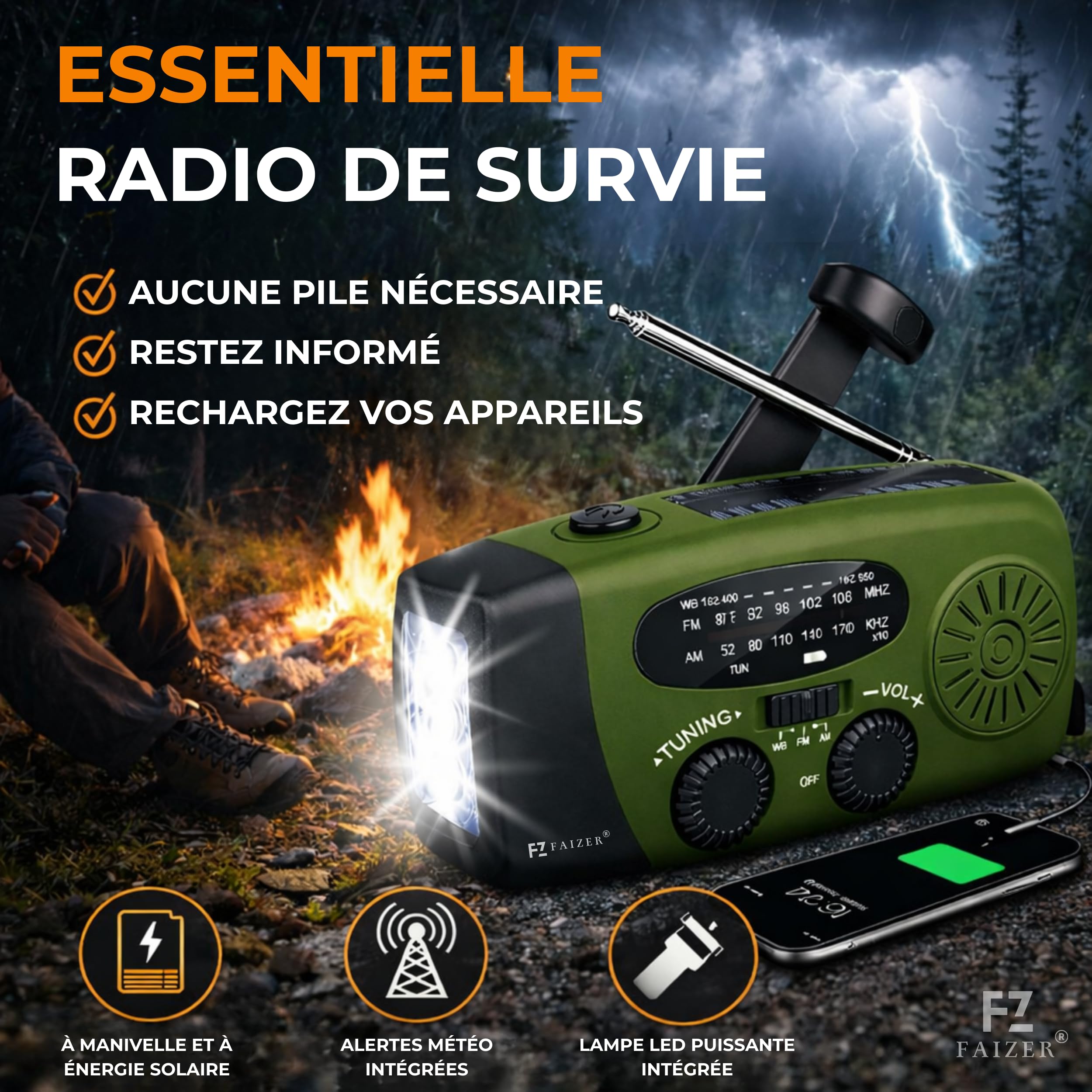 Radio Portable Urgence, AM/FM/WB Radio de Secours Auto-alimentée, Kit de Survie Complet, 2000mAh, Radios Dynamo à Manivelle avec Lampe de Poche, Fonction SOS, Powerbank, Camping, Randonnée (Vert P4)