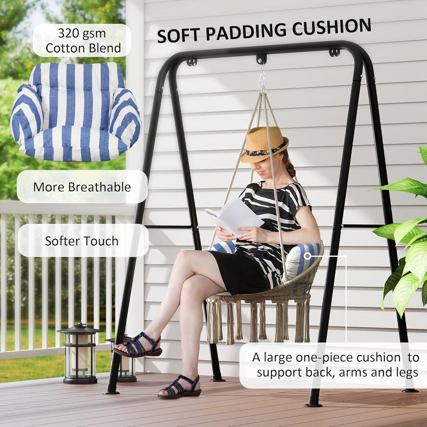 Close-up of the soft padding cushion on the hammock chair, highlighting its comfort and material.