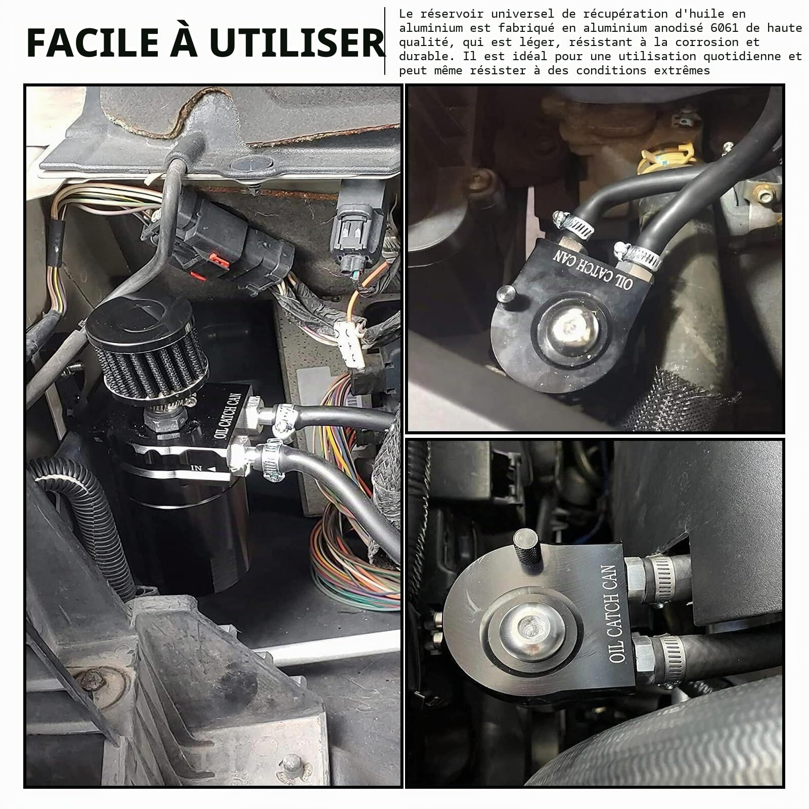 Réservoir de récupération d'huile avec filtre à air, 300 ml, collecteur d'huile en aluminium, réservoir d'huile, réservoir de voiture avec accessoires, ligne de carburant 3/8" (noir)