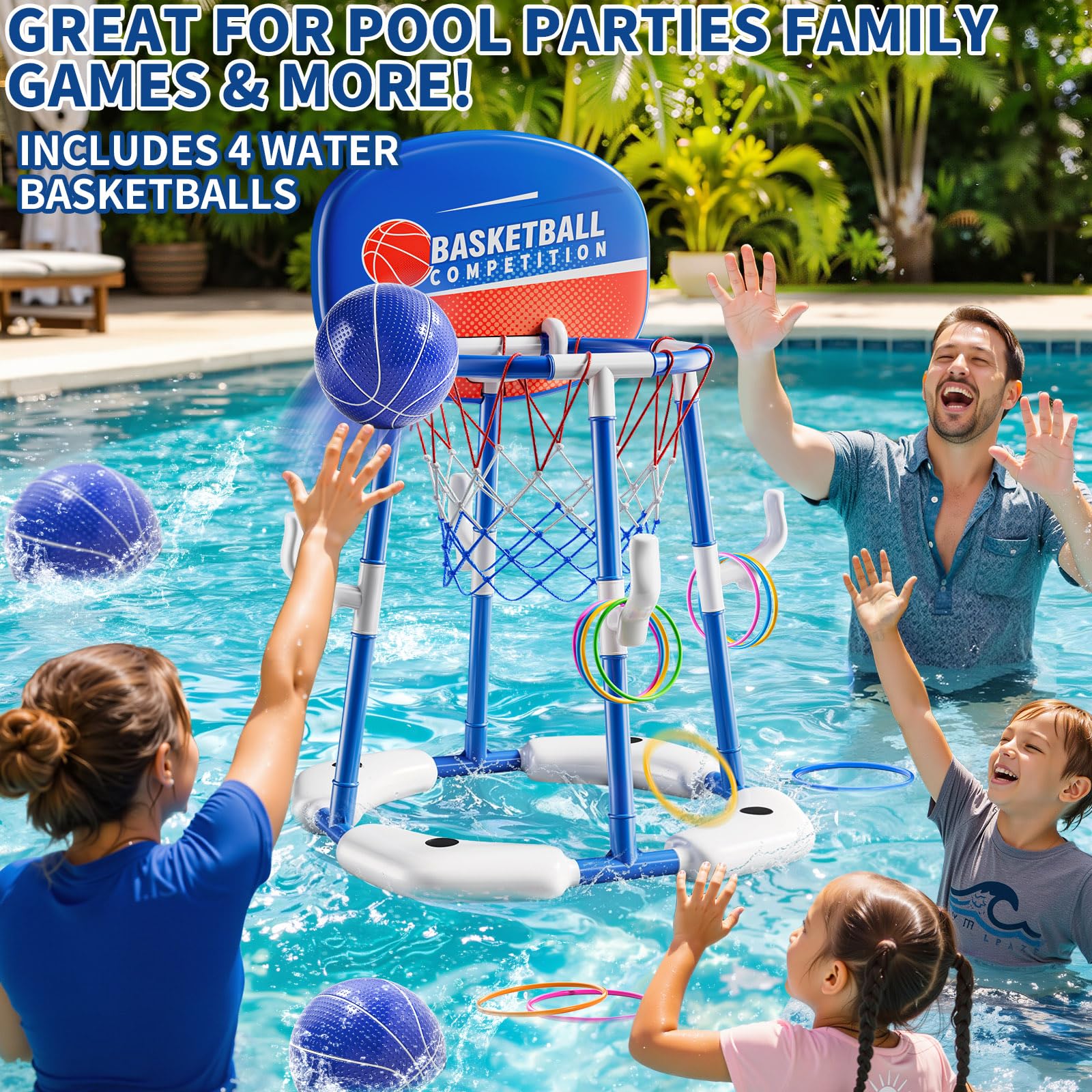 NIPLOOOW 2-in-1 Pool-Basketballkorb, schwimmendes Pool-Spielzeug mit 4 Bällen und 12 Ringwurfspiel für Kinder im Alter von 4–8 8–12 Jahren, Outdoor-Schwimmen, Wasser-Basketball für Pool, Familienparty