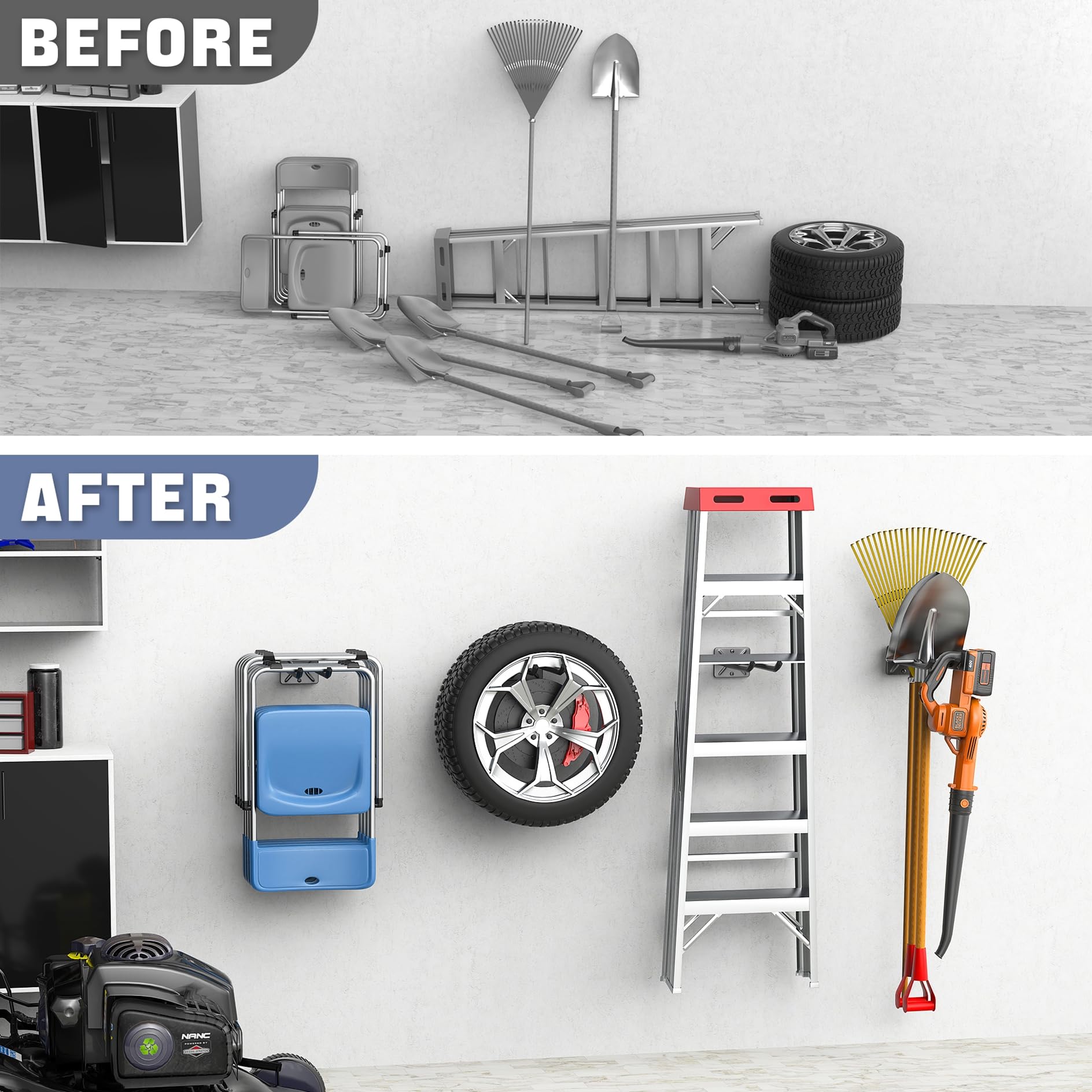 WALMANN Ganchos de garaje, ganchos de pared resistentes de 12 pulgadas para colgar, ganchos de herramientas para neumáticos de coche, escaleras, sillas plegables, cochecitos, herramientas de jardín