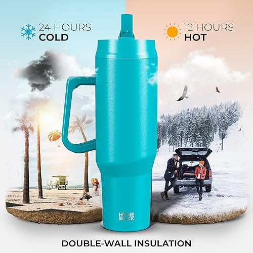 Miniatura 6 de Vaso de 40 onzas con asa y tapa plegable con popote  Botella de agua de acero inoxidable aislada a prueba de fugas  Taza de viaje para bebidas