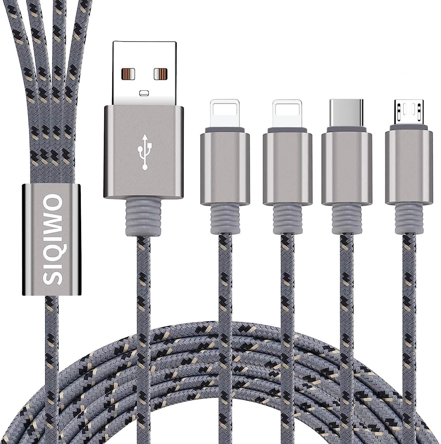 SIQIWO 3A/1.2M Multi 4 in 1 Charger Cable, with 2*iP/Type C/Micro USB Connectors Fast Charging Nylon Braided Cord, for iPhone, Samsung Galaxy, Xiaomi, Pixel, Huawei, LG, PS5, Tablet, Sony