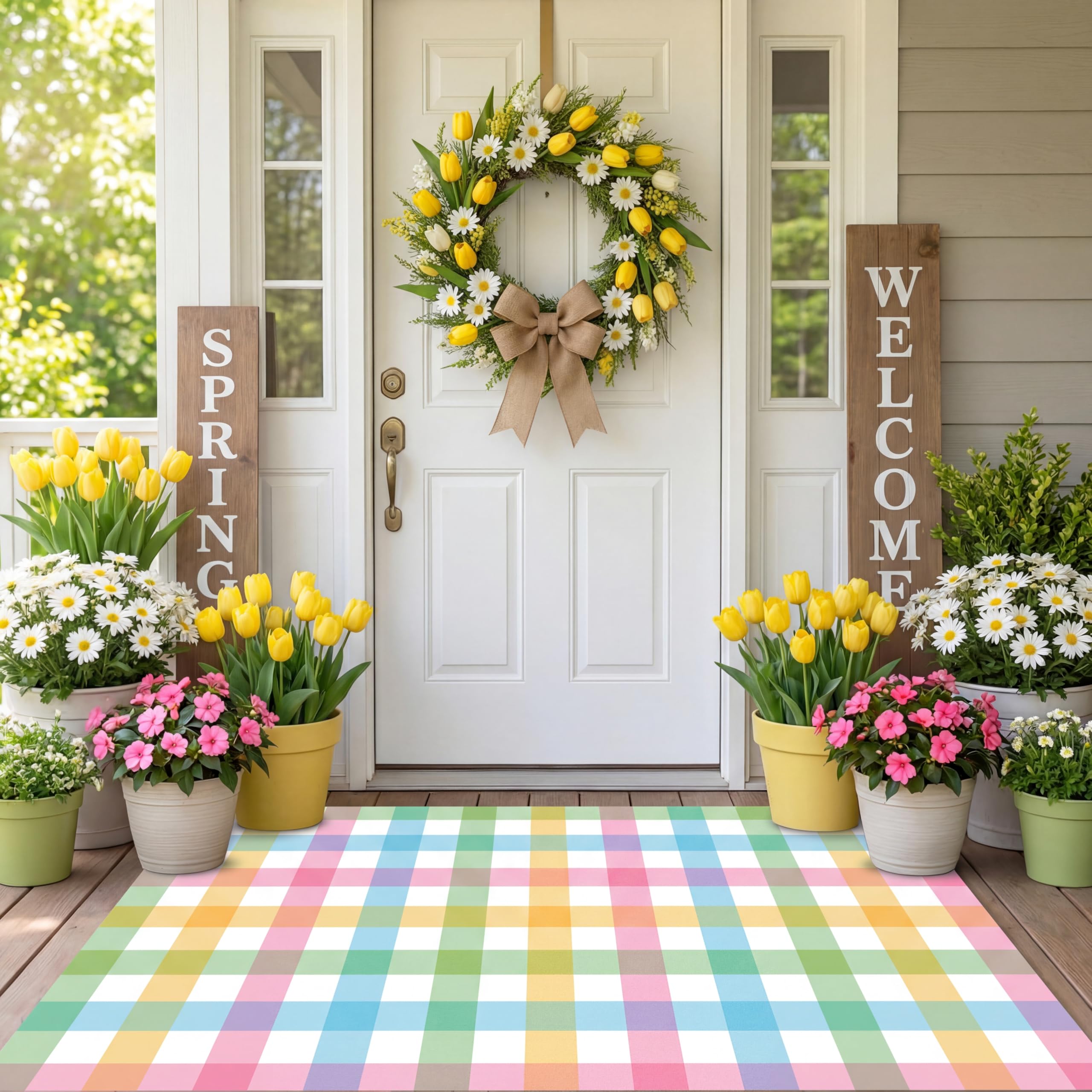 Photo 1 of **dirty/heavily used**
Duraaamo Spring Pastel Checkered Rug, 24 x 35 Inch Checkered Area Rug Outdoor Colored Front Porch Door Mat Welcome Spring Layering Rustic Mat, Entryway Farmhouse Decor
