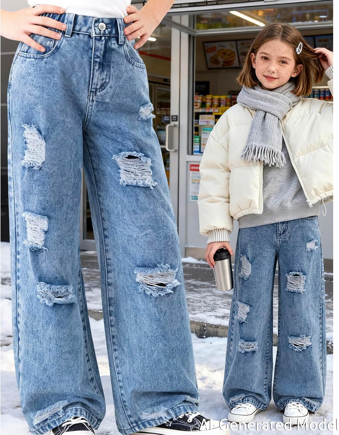 Teen Girls High Waisted Wide Leg Jeans, Just a Girl Bow Print Denim Pants, Aesthetic Baggy Trousers for 13-16 Years