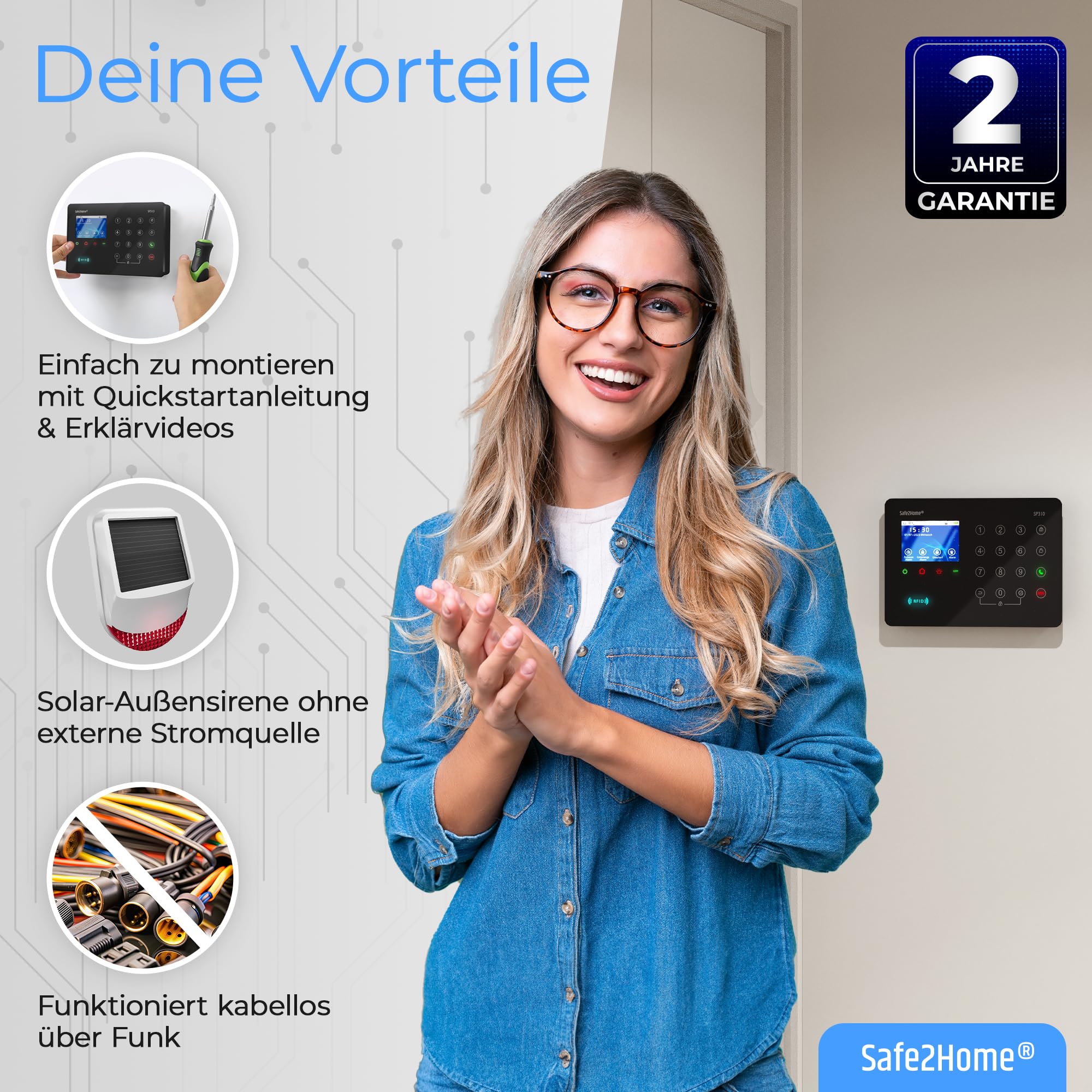 Safe2Home® Sistema de alarma inalámbrico para casa, gran set SP310 con sirena solar, código de cambio, canales cambiantes, base certificada por TÜV-Rheinland, sistema de alarma WiFi con aplicación y