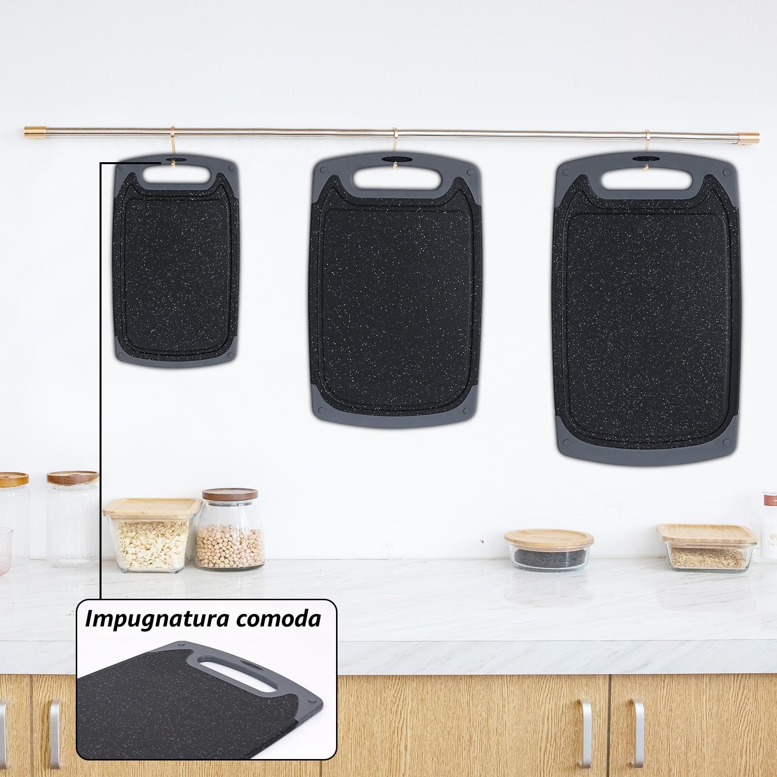 SKERITO Set di taglieri da cucina taglieri in plastica senza BPA con piedini antiscivolo e scanalatura profonda per lo sgocciolamento del succo tagliere lavabile in lavastoviglie 3 pezzi