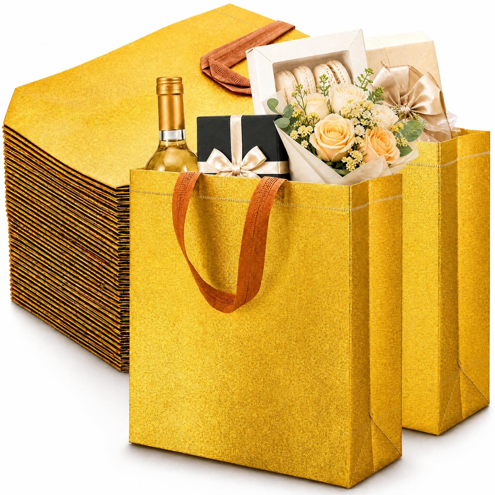 Noamus 40 Pack Gold Gift Bags with Handles, 12"x11" Reusable Non-Woven Glitter Tote Bags, Glossy Grocery Shopping Bag, Goodie Present Favor Bag for Weddings Birthdays Bachelorette Party Event (Gold)