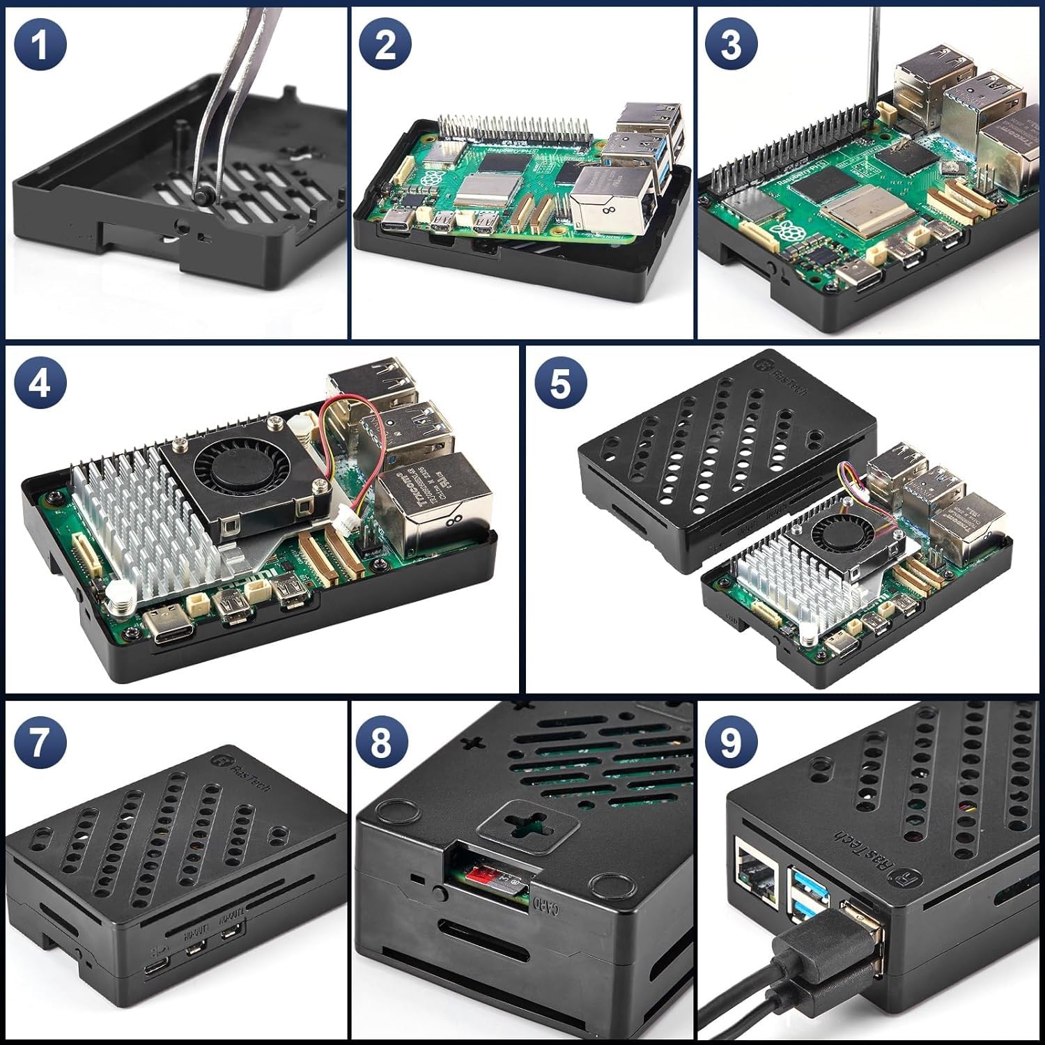 RasTech Raspberry Pi 5 8GO Kit 64GO Edition avec Active Cooler,Alimentation 27W 5.1V5A USB-C,Pi5 8GO Board,Kit Lecteur de Carte 64GO,Boîtier Pi 5,Double 4K Câbles de Micro HD Out,Manuel d'utilisation
