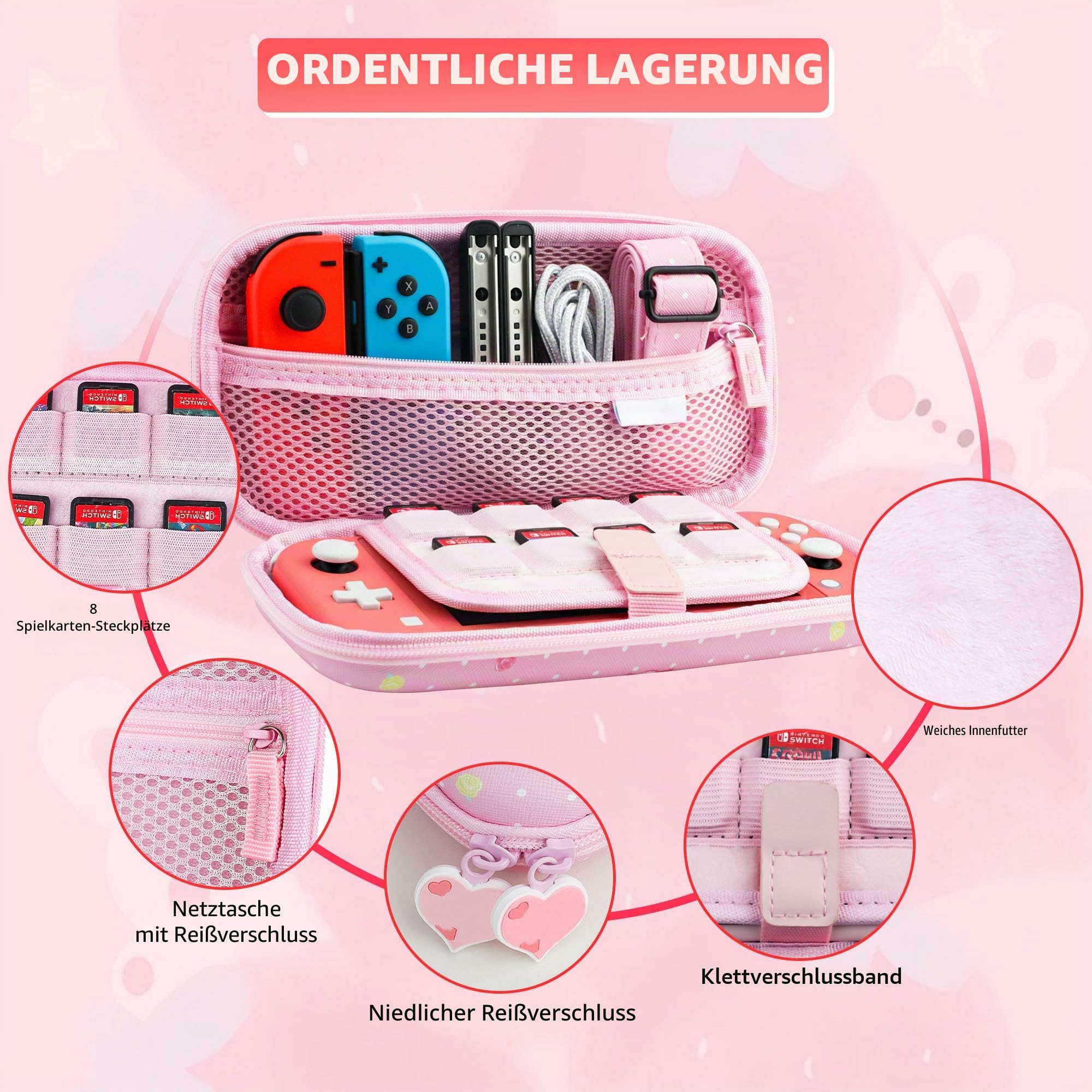 RHOTALL Tragetasche Schutzhülle für Nintendo Switch Lite, niedliche TPU-Abdeckung mit verstellbarem Schultergurt, Displayschutz und Daumenkappen, rosa Hase