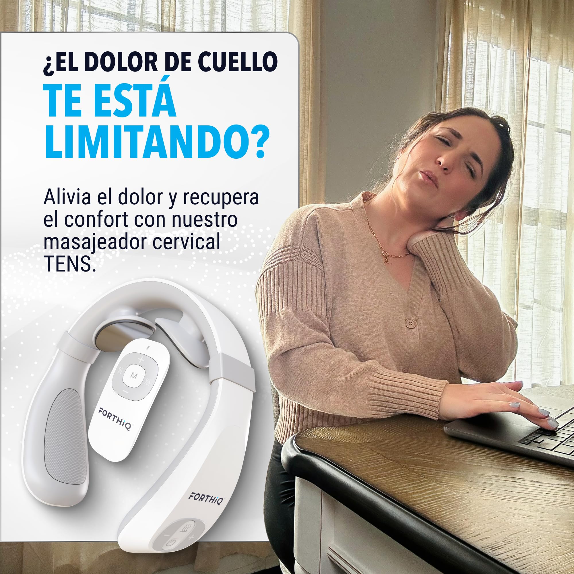 FORTHiQ Máquina TENS para el Cuello con Calor, Masajeador Eléctrico para Aliviar el Dolor, 15 Niveles de Intensidad, Masaje de Tejido Profundo, Portátil y Relajante