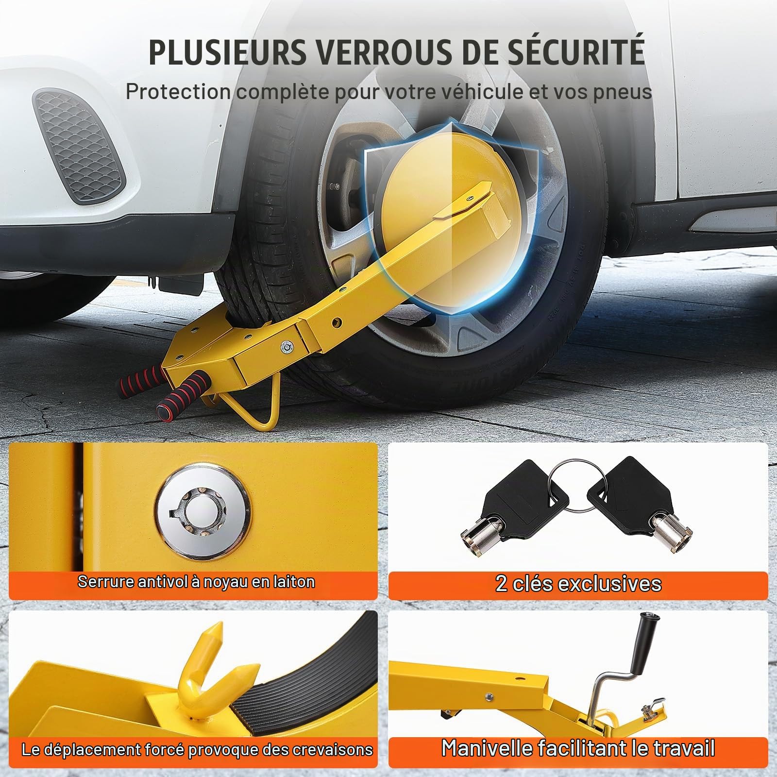 VEVOR Antivol Voiture Universel Sabot de Roue Antivol 16-38 cm Bloque-Roue en Acier Q235 Robuste Grande Ventouse de 30 cm 2 Clés Dispositif de Blocage de Roue pour Véhicules Caravanes Camions Moto SUV