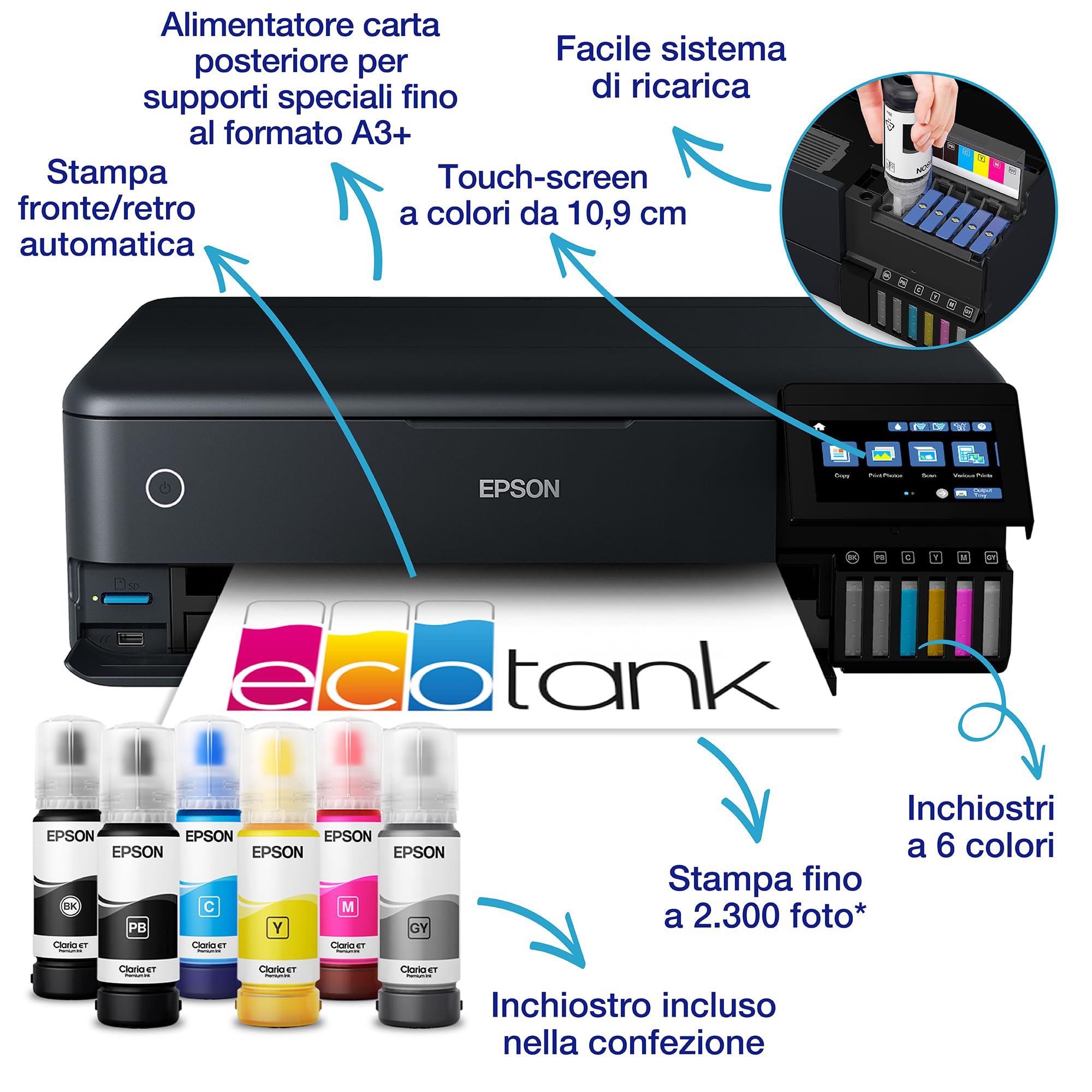 Epson EcoTank ET-8550 Stampante a Serbatoi 6 Colori Wi-Fi A3+ Fotografica Touch-screen 10.9 cm