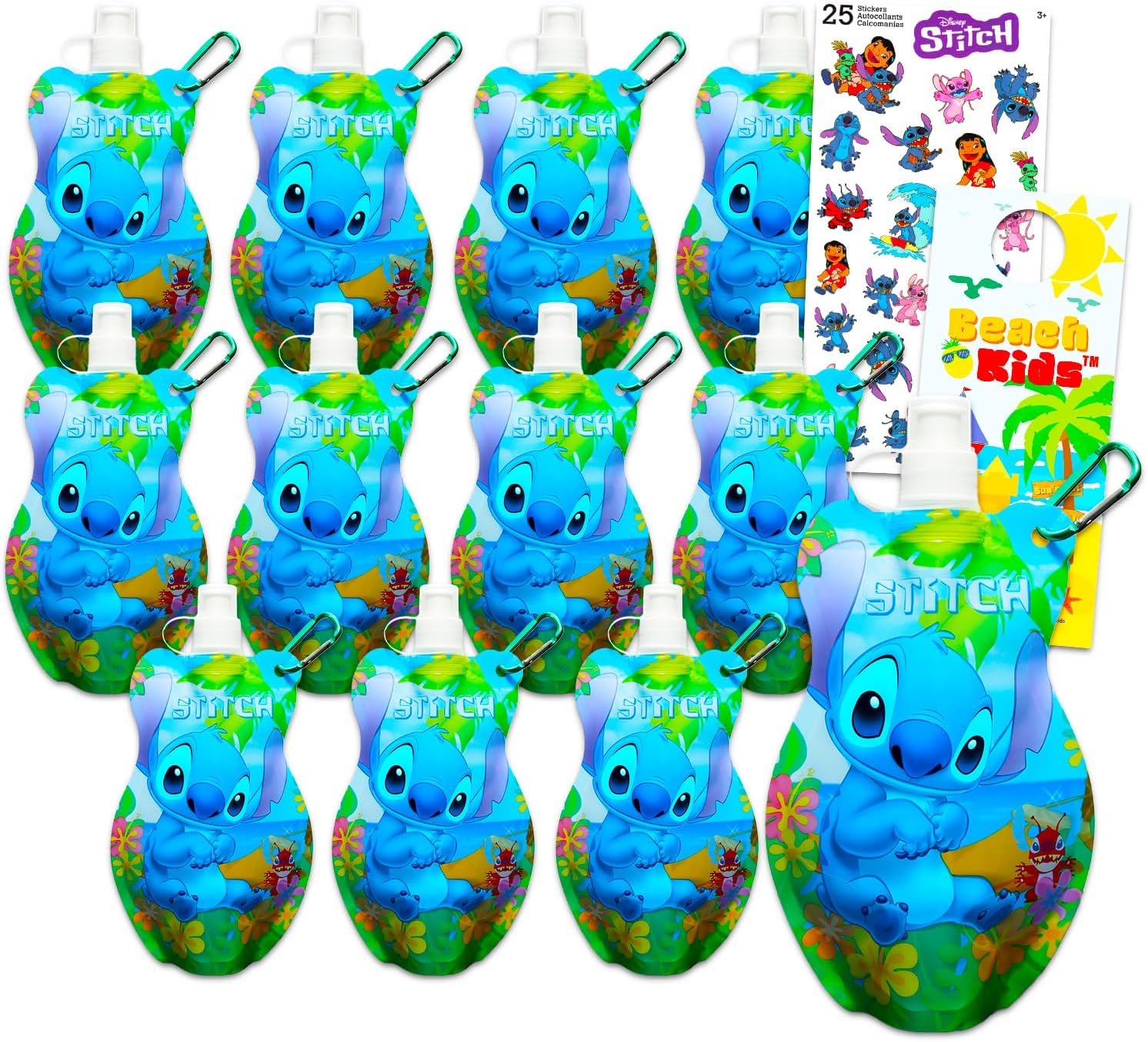 15oz Reusable 12 Piece Stitch Water Pouch Set - Disney Drinking Bottles, Pull Top Lids, Stickers | Bulk Lilo & Stitch School Supplies Party Favor