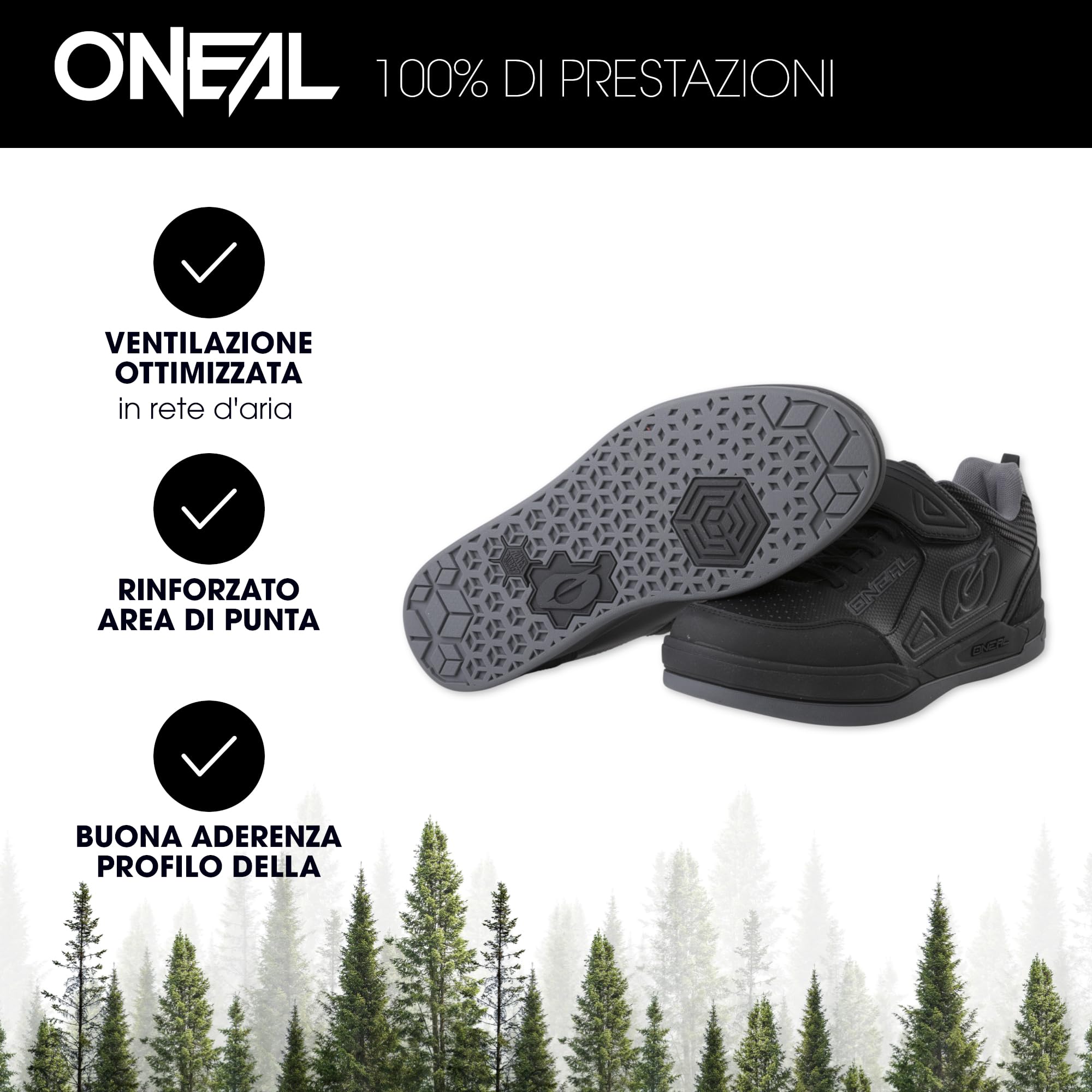O'NEAL | Scarpe Mountain Bike | MTB Downhill Freeride | Vegan | Super Grip Outsole, Extra Wide Velcro Strap, Mesh Ventilation | Sender Flat Shoe | Adulto | Nero