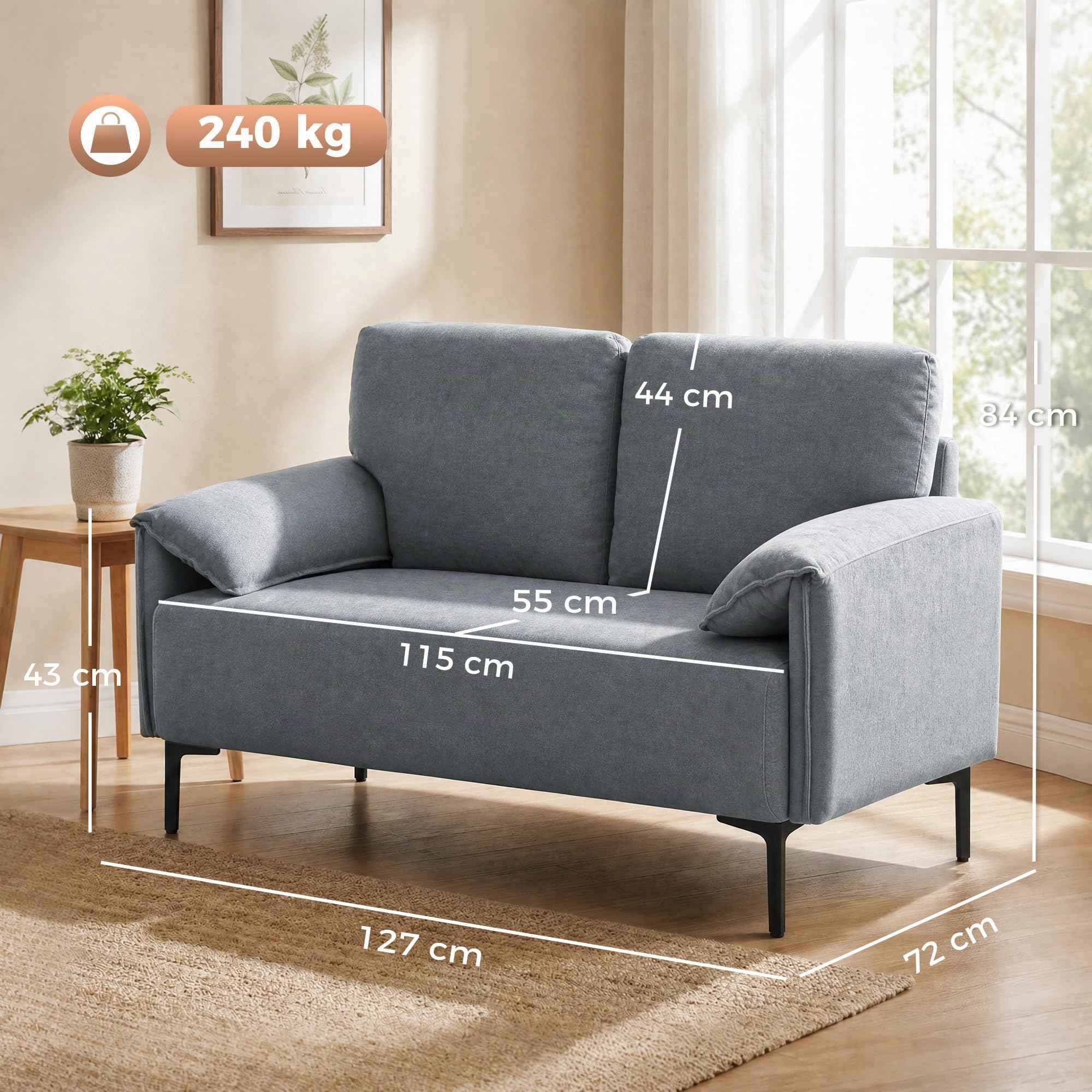HOMCOM Sofa 2-Sitzer 127 cm Kleine Couch mit Gepolstert Armlehne Grau