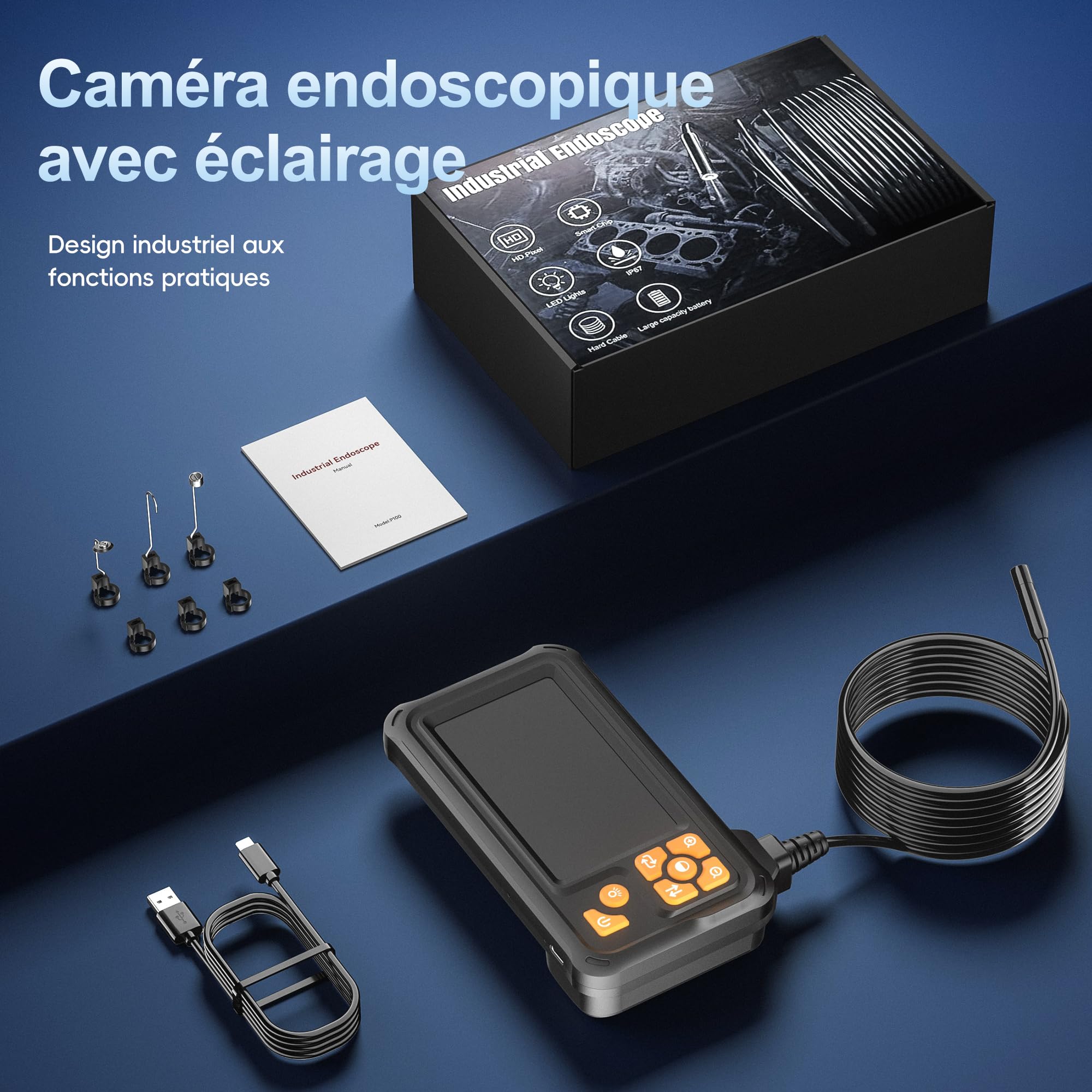Endoscope Industriel, Yamokizy Caméra d'inspection IPS 4.3" Pouces, 1080P HD Caméra Endoscopique avec 8 LED réglables, Serpent Étanche IP67 de 8mm, Câble Semi-Rigide de 10M