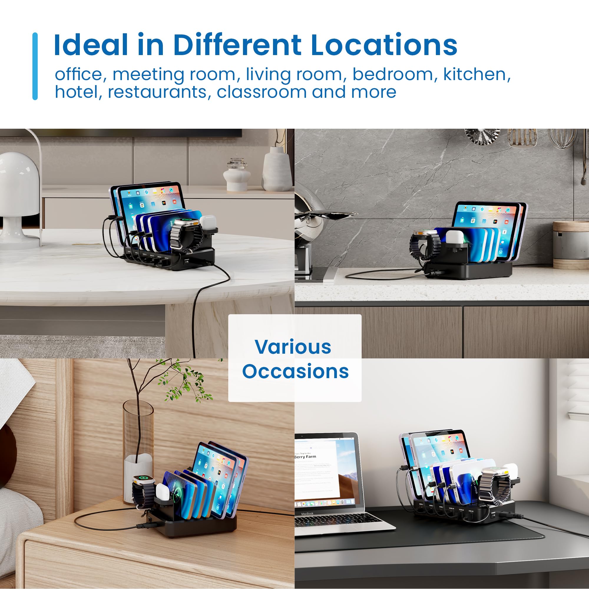 Ewent Estación de Carga Universal con 6 Puertos USB (4xUSB-C 65W + 2xUSB-A), Enchufe Europlug 130 W, con Soporte para SmartWatch y Auriculares, para Smartphone/Tablet/Portátil, Carga Rápida PD3.0/QC3.