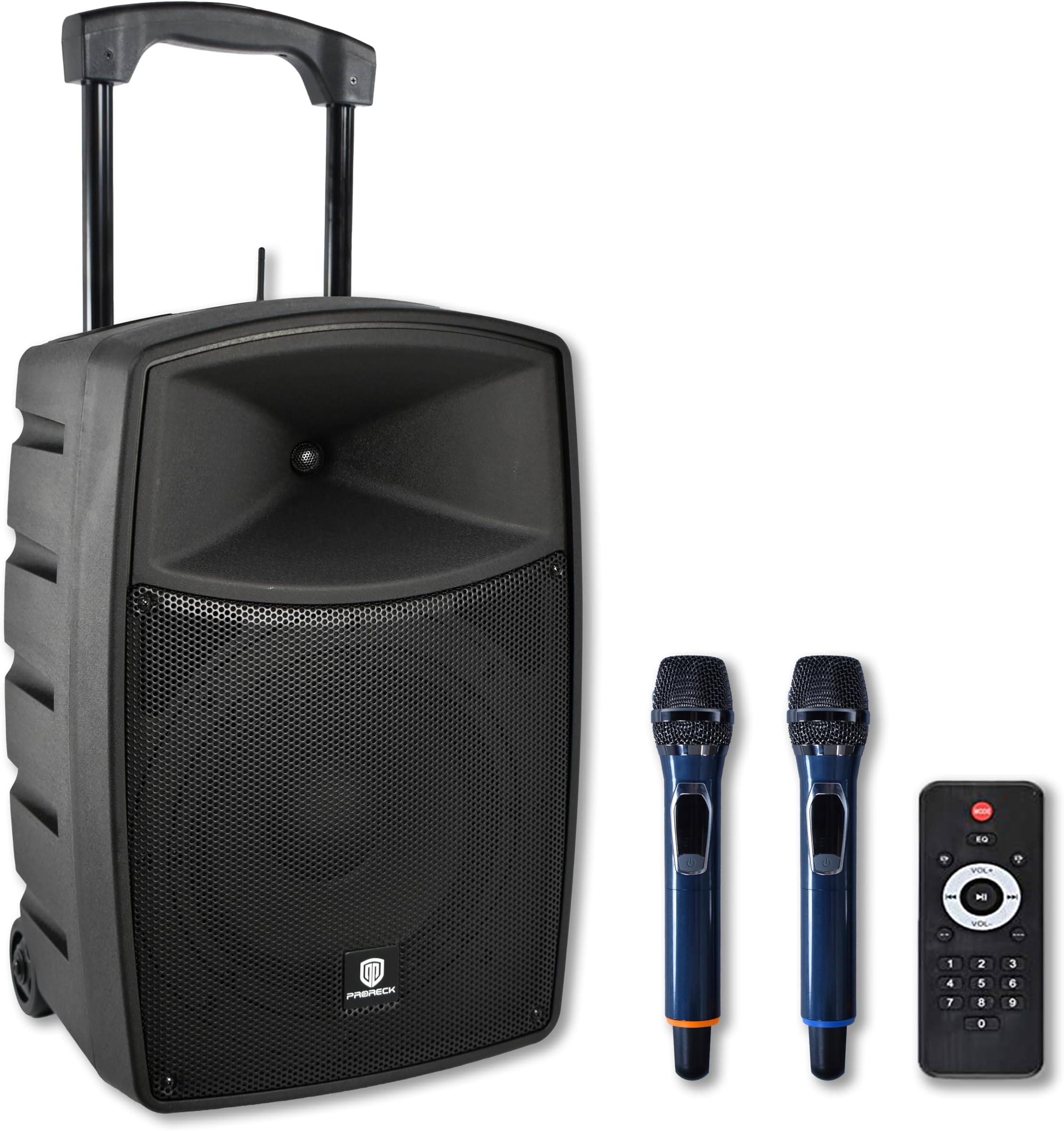 800W 10'' Portable Powered Bluetooth Wireless PA Speaker with 2 Wireless Microphones, Remote Control, Handle and Wheels, Active Loudspeaker for Events, Karaoke, DJ, Outdoor Gatherings