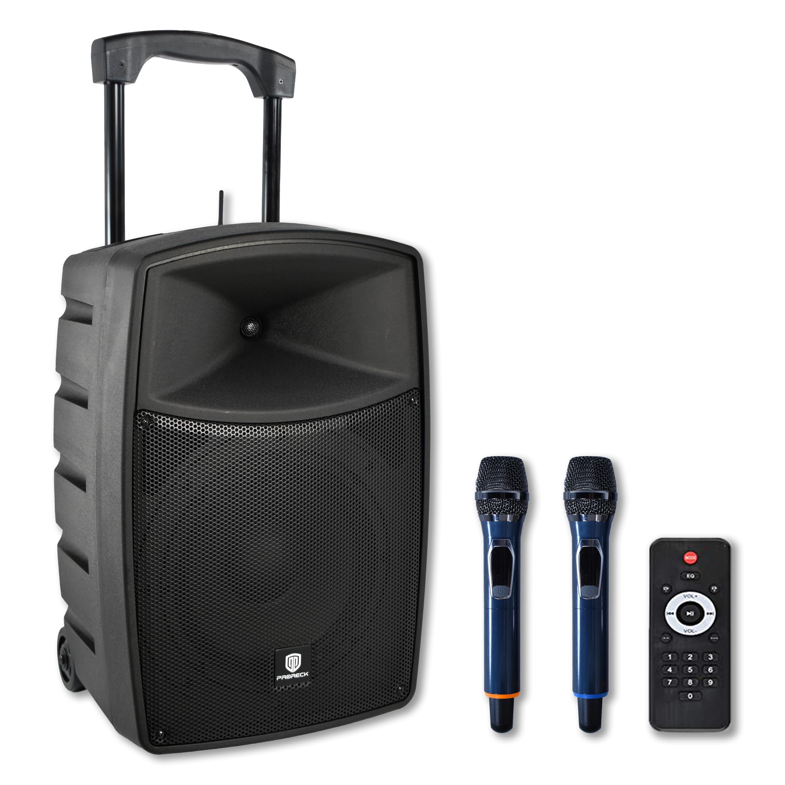 800W 10'' Portable Powered Bluetooth Wireless PA Speaker with 2 Wireless Microphones, Remote Control, Handle and Wheels, Active Loudspeaker for Events, Karaoke, DJ, Outdoor Gatherings